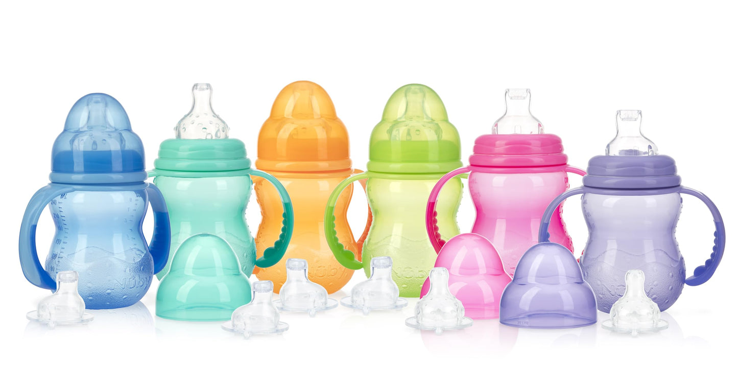 Botella de Cuello Ancho Nuby Multicolor sin Goteo de 3 Etapas para Niños
