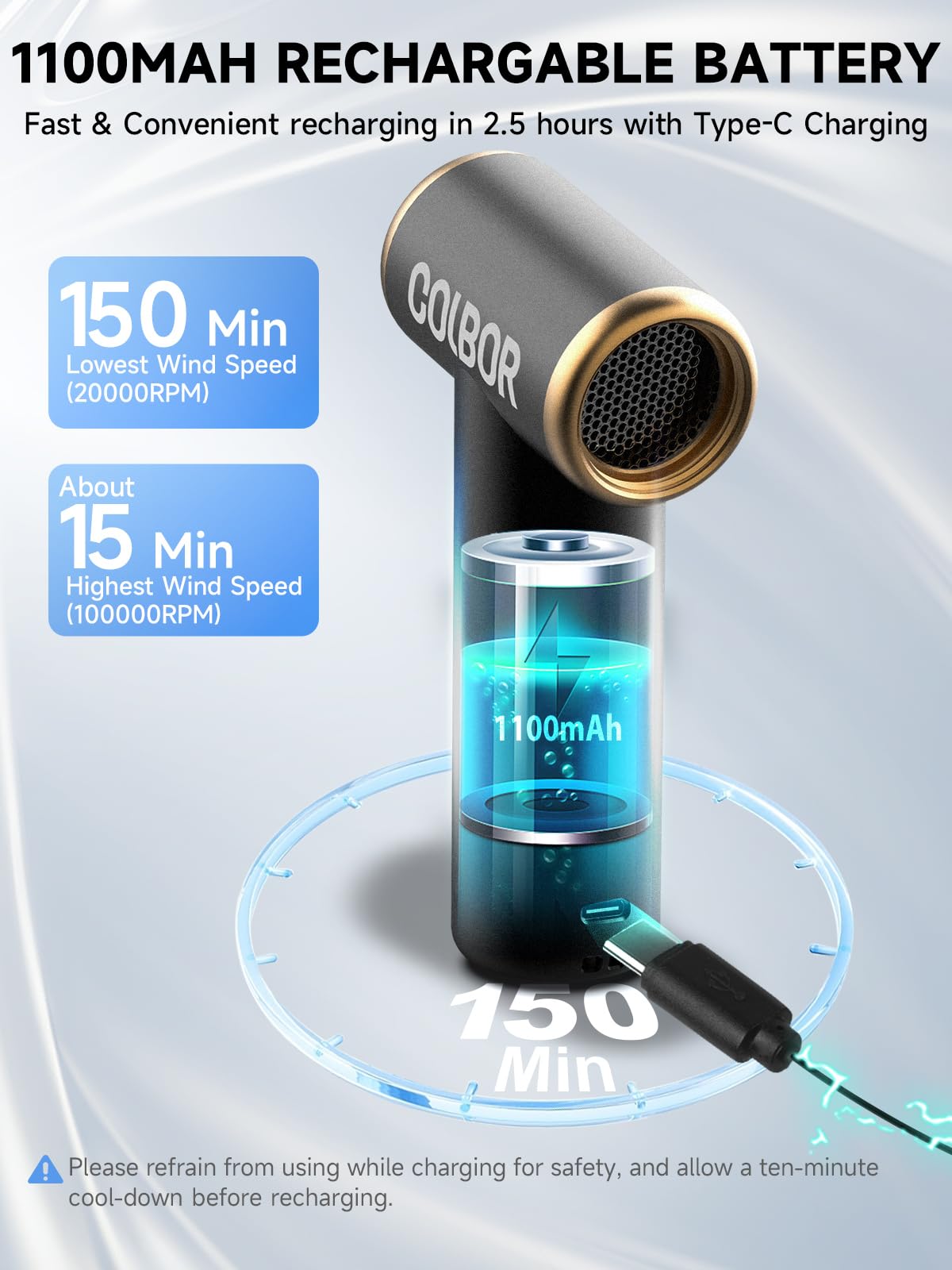 Colbor - Soplador de aire eléctrico AirMaxx A1, 100000 rpm, inalámbrico, luz LED, boquilla, recargable, para teclado de PC, plumero de aire comprimido, 1 unidad