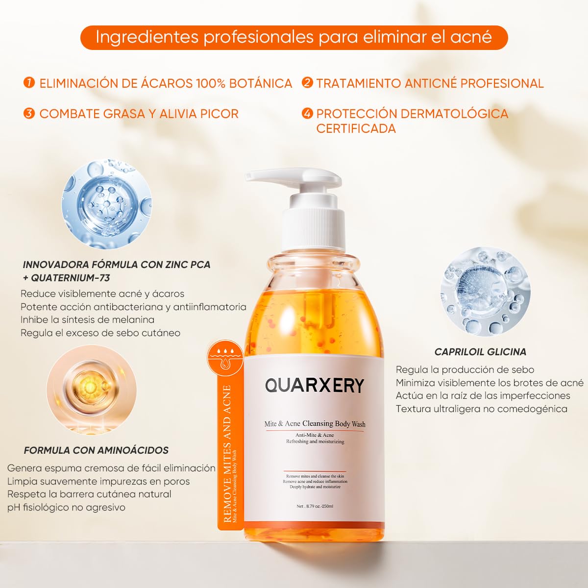 QUARXERY Gel de ducha antiácaros body wash - Eliminación profunda de ácaros y acné, limpieza suave para piel grasa-250ml
