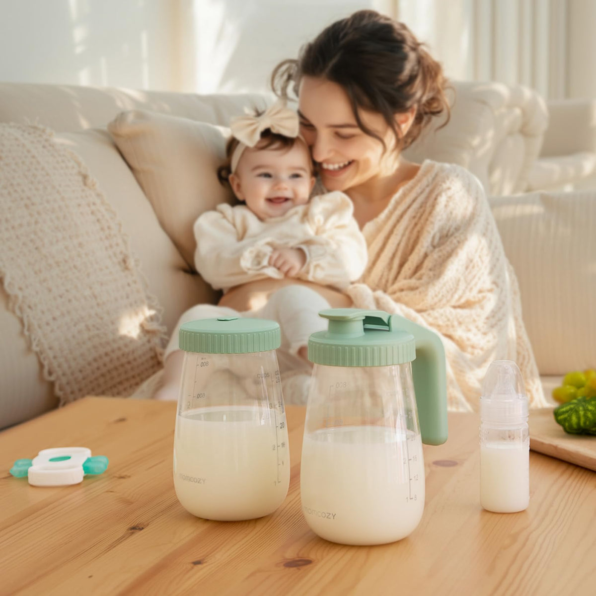 Momcozy Jarra de Vidrio para Leche Materna, Boca Ancha, Antiderrames, Resistente al Calor y al Frío, con Tapa Plana y Tapa con Asa, 2 Piezas de 32 oz (64 oz Totales)