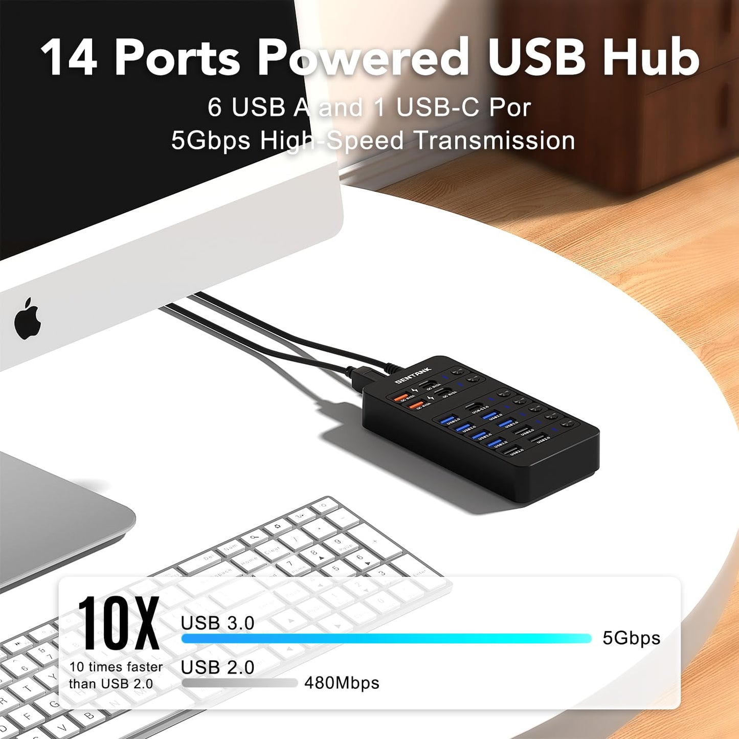 Hub USB SENTANK Negro con 14 Puertos y Carga Rápida