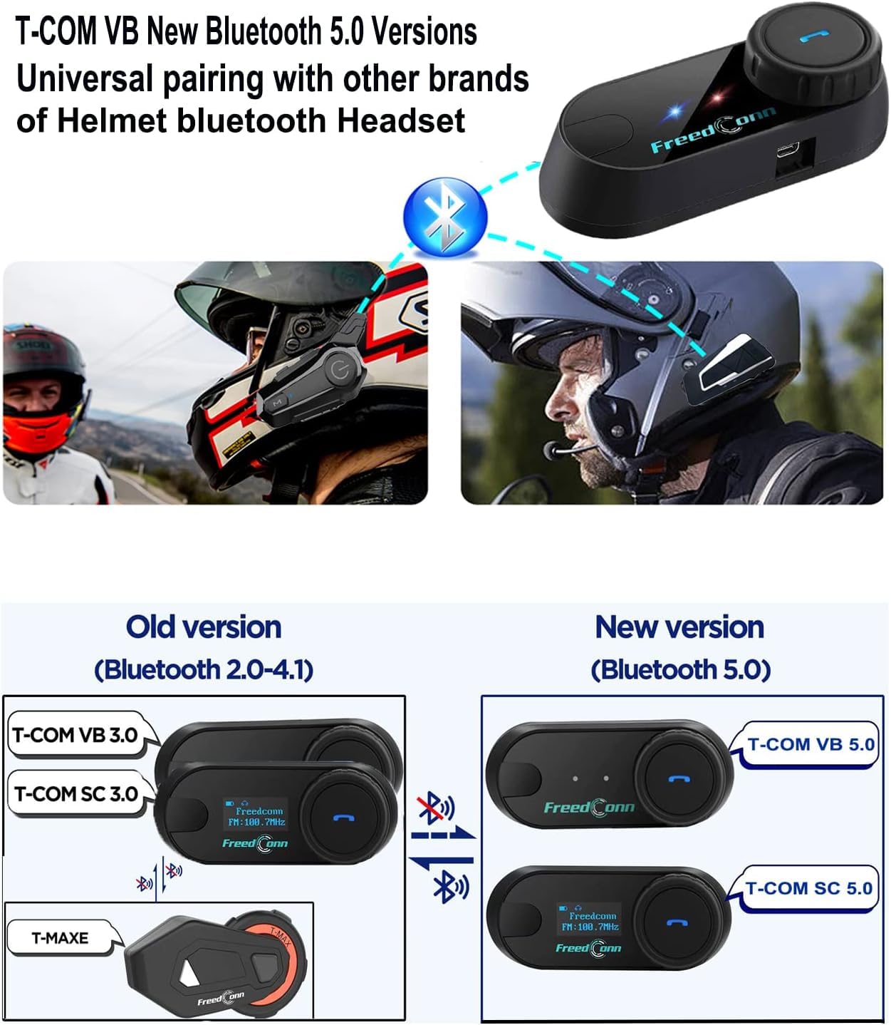 FreedConn TCOM VB Auriculares Bluetooth para Casco de Motocicleta, 2 Conductores 800 M compartiendo música, Sistema de comunicación de intercomunicador Impermeable/FM/Siri/BT5.0/micrófono 2 en 1