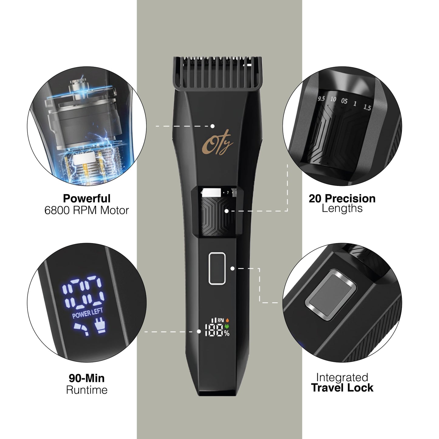 Oty - Cortadora de barba para hombre ajustable, cortapelos inalámbricas impermeables con esfera de 20 longitudes, cuchillas de acero inoxidable, pantalla LED y cerradura de viaje, kit de aseo