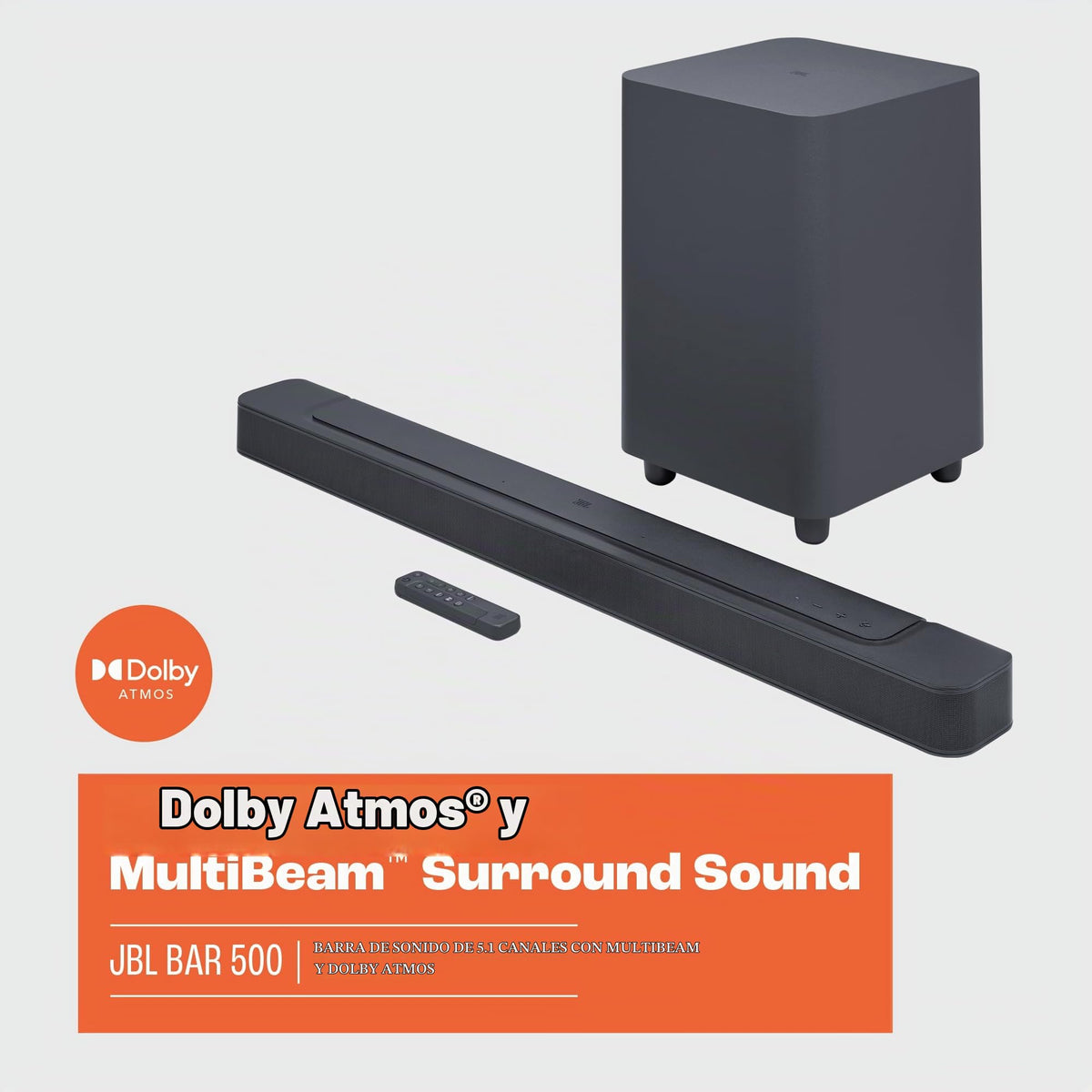Barra de Sonido JBL Bar 500 Negro con Subwoofer 5.1 Surround Wi-Fi Bluetooth Dolby Atmos 590W HDMI ARC Multibeam
