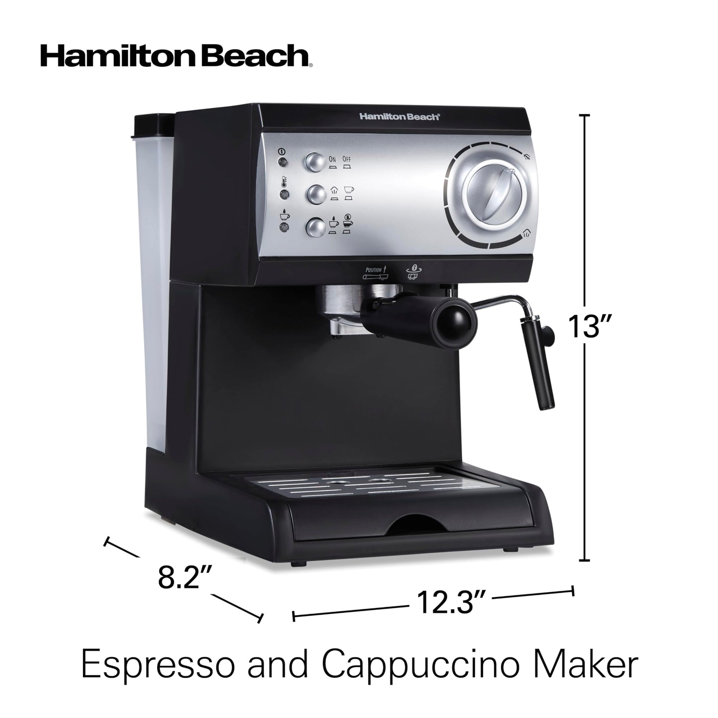 Hamilton Beach 40715 Cafetera Espresso, 2 Tazas, Cappuccino, Mocha y Latte, 15 Bares, Negro y Plata