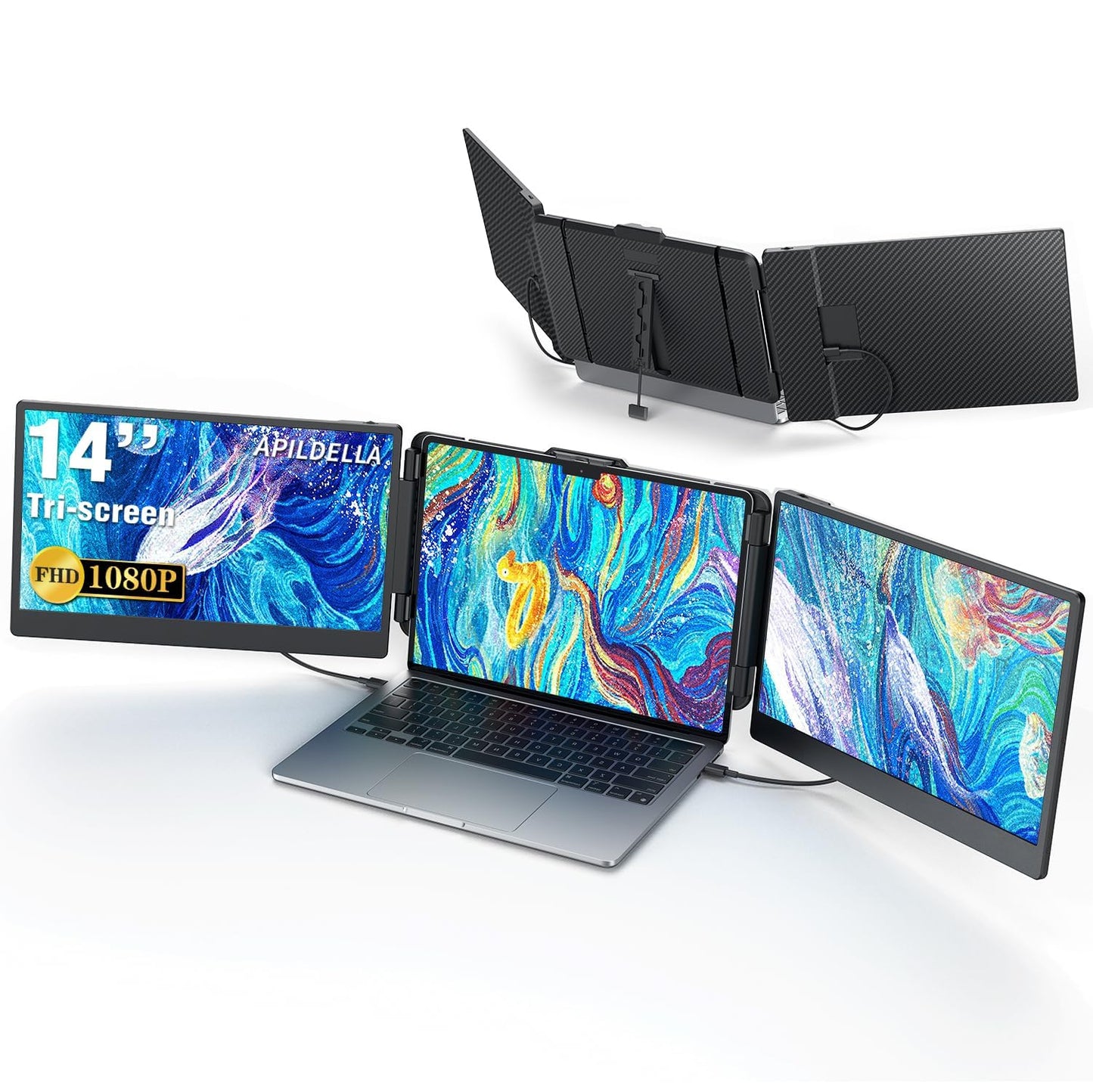 Monitor Portátil Triple APILDELLA Negro para Laptop FHD 1080P USB C HDMI