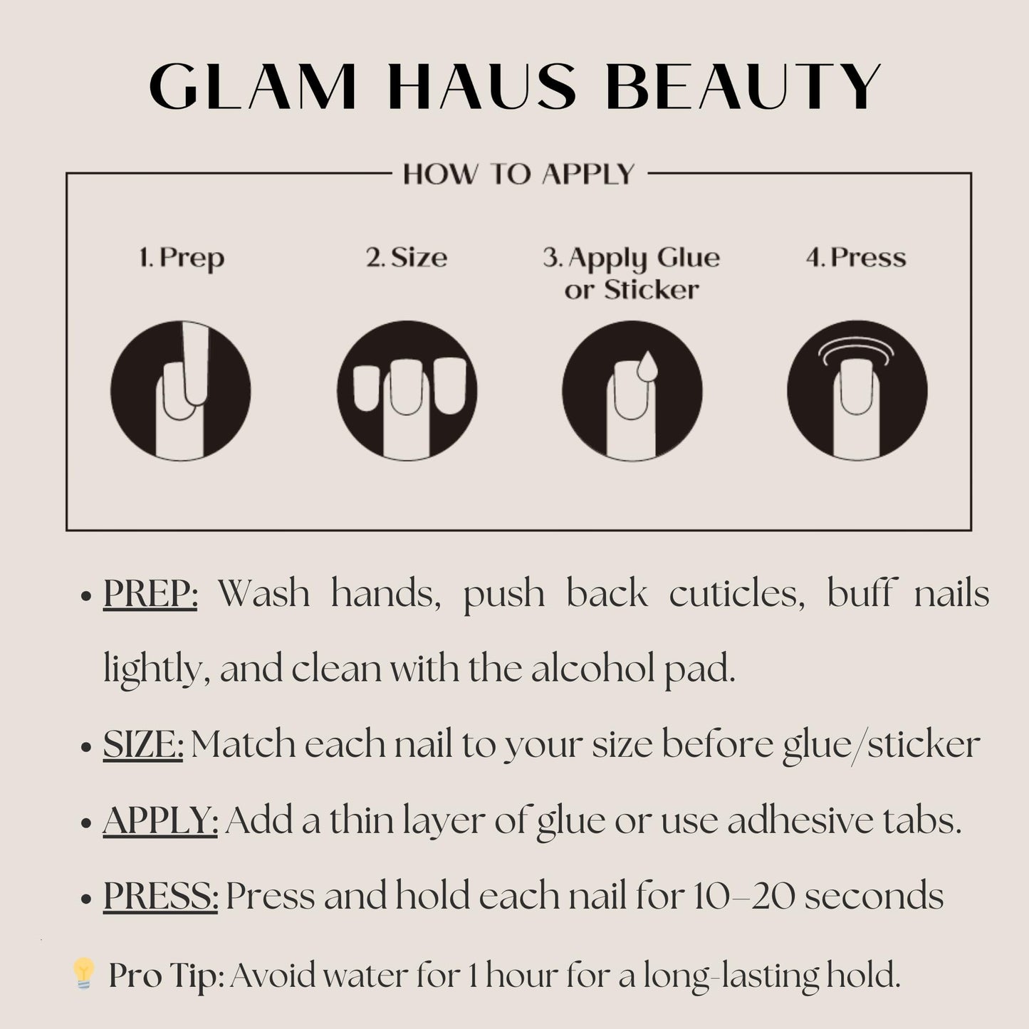 Glam Haus Beauty Uñas postizas Opulence | Acabado aterciopelado color almendra champán, calidad profesional | 16 tamaños - Kit de 32 uñas con pegamento y pestañas adhesivas