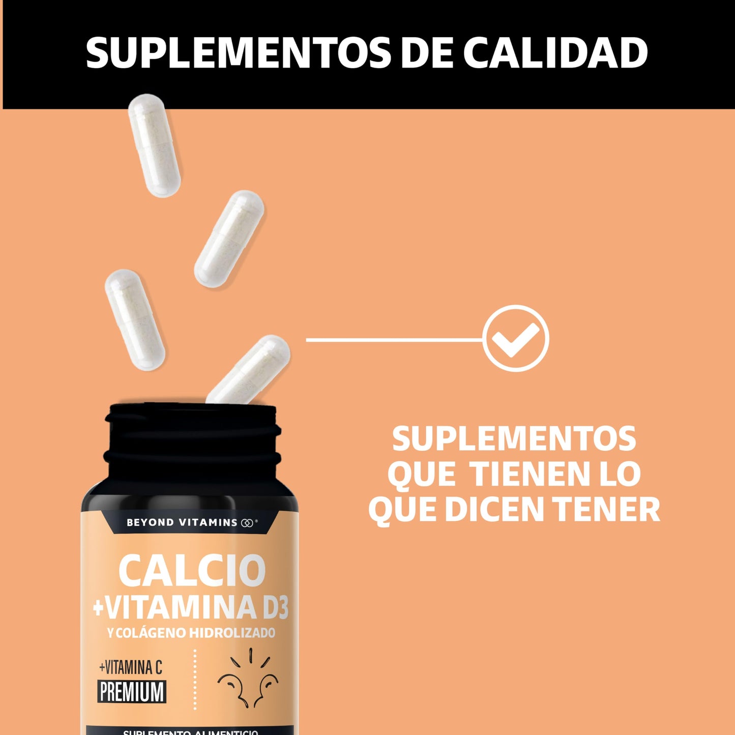 Beyond Vitamins | Calcio 1000 + Vitamina D3 | Potenciado con Colágeno Hidrolizado y Vitamina C | Caltrato 1000mg con Cápsula Vegana para todas las dietas (180 cápsulas)