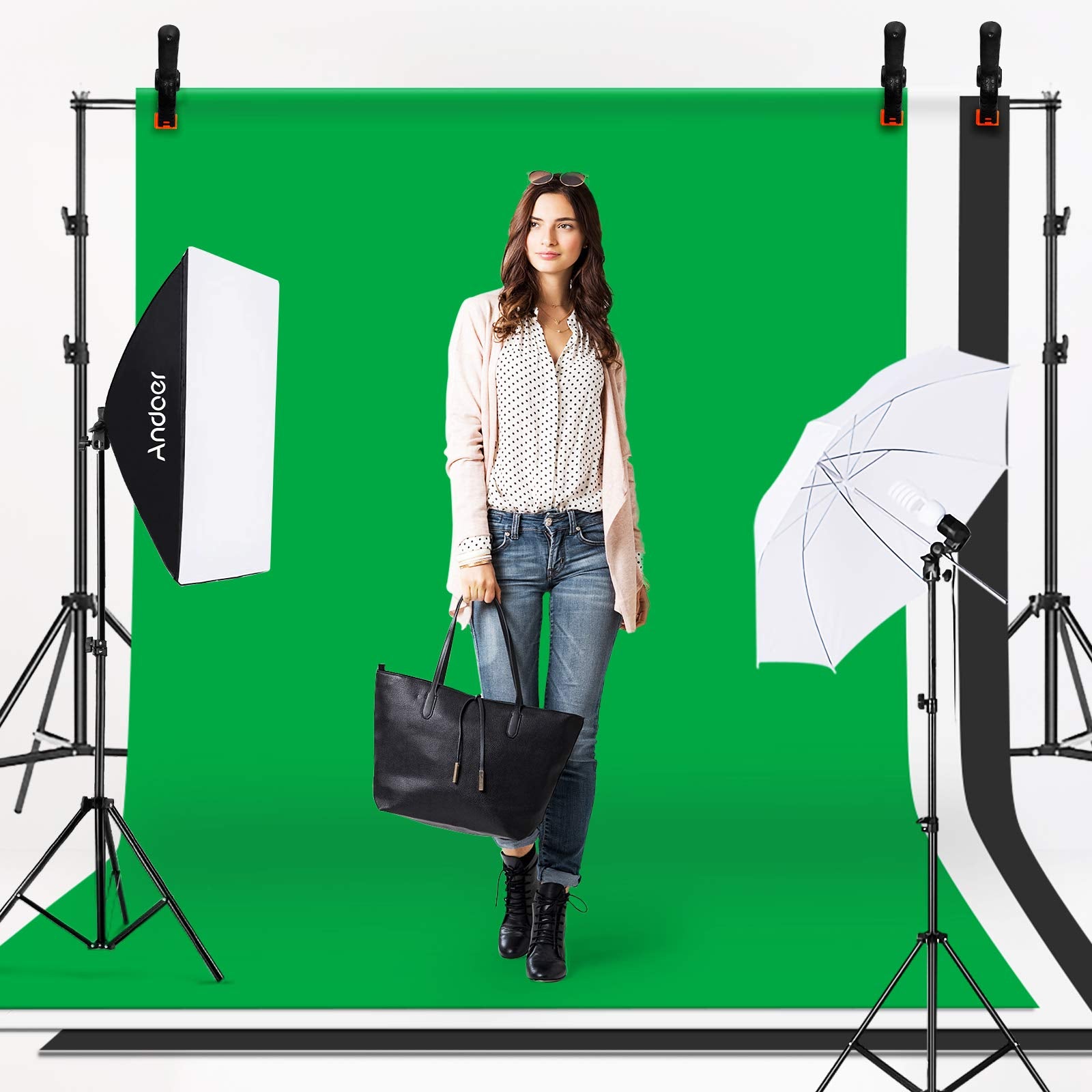 Photography Kit 1.8 * 2.7m Camara para Grabar Videos de Verde Blanco Negro 3pcs en Forma de Pez 1pc 60cm 5in1 Reflector de Fotografía 2pcs 33 Pulgadas Paraguas de Luz Blanca Suave fotografia