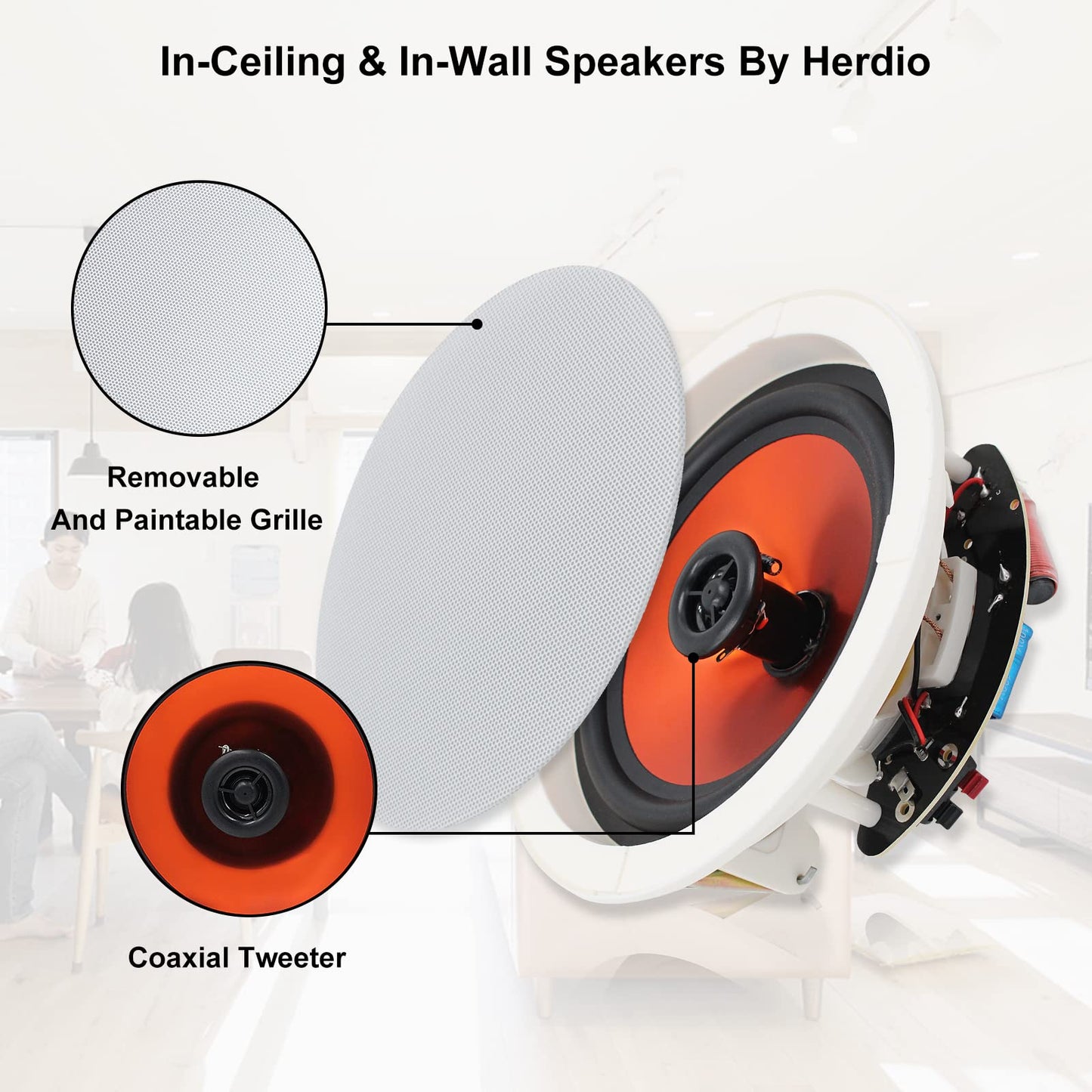 Herdio 6.5'' Bluetooth en la Pared en el Techo Altavoces 600W 2-Way Flush Mount Sistema de Altavoces con Amplificador de Pared Receptor para Cine en Casa Oficina Baño(2Pares, Paintable-Grille)
