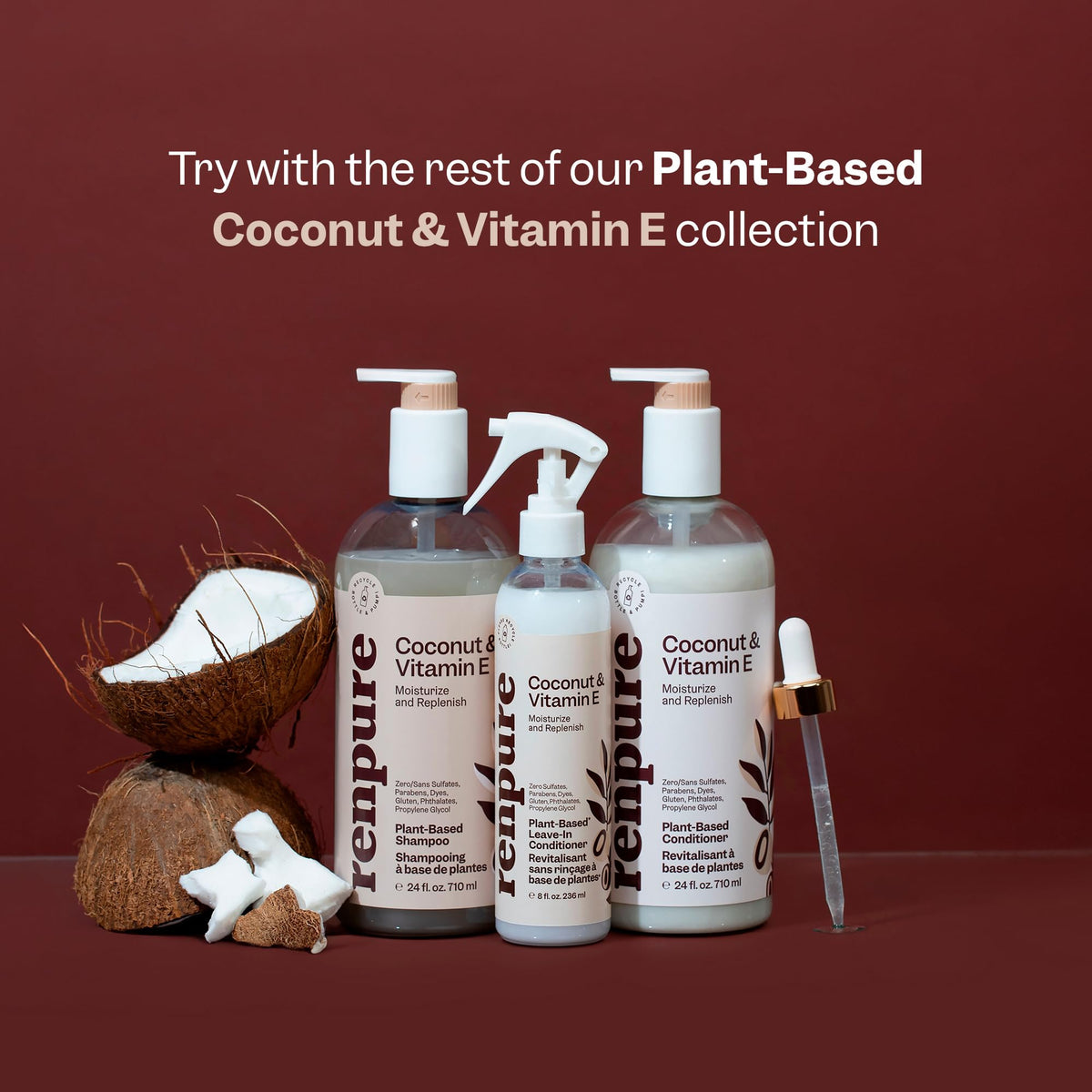 RENPURE Acondicionador profundo de coco y vitamina E a base de plantas para cabello seco y dañado, sin sulfatos, sin parabenos y seguro de color - Acondicionador hidratante de coco natural