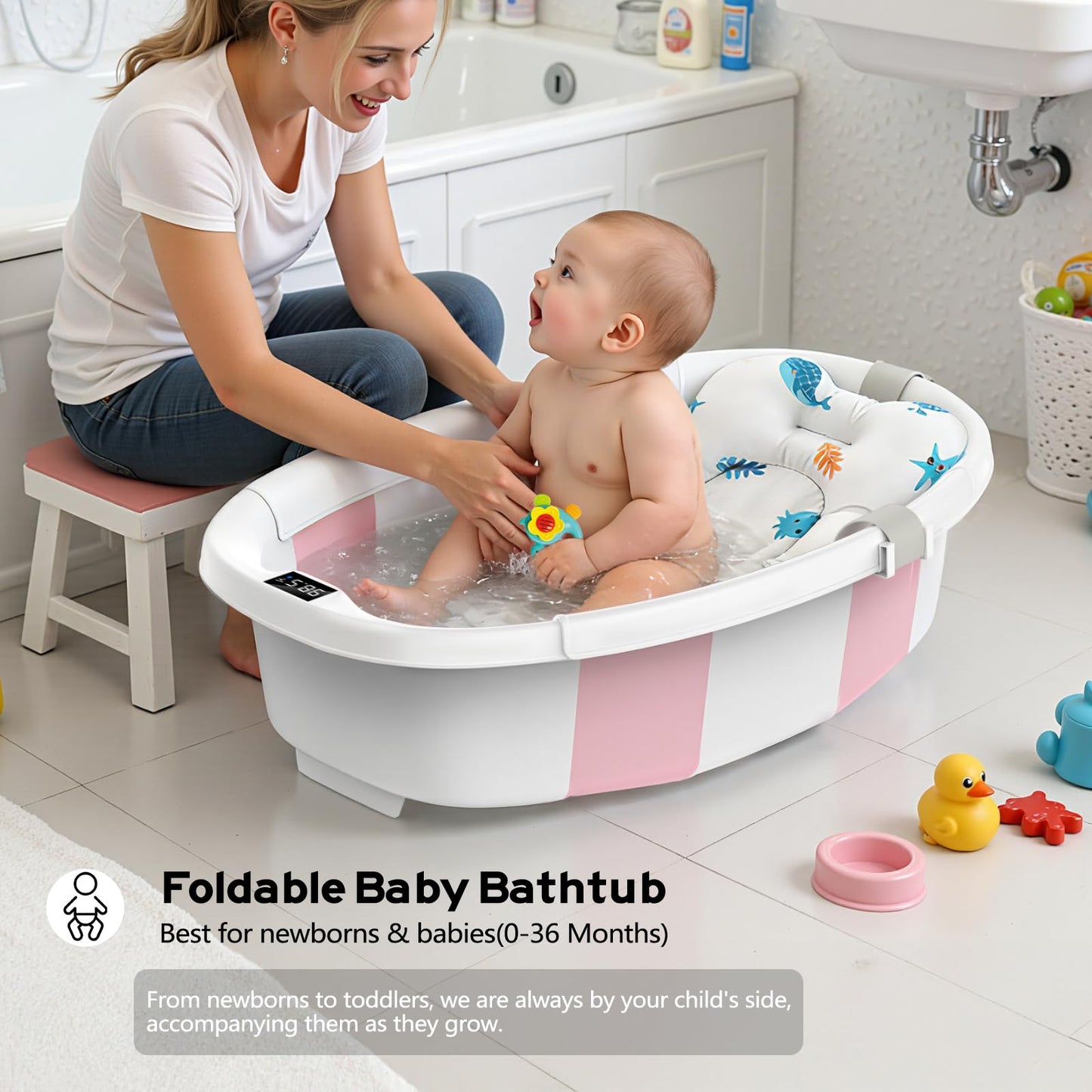 tina plegable para bebés recién nacidos hasta niños pequeños de 0 a 36 meses, tina grande con termómetro y cojín, tina de viaje plegable fácil de instalar, bañeras de bebé recién nacidos para niños y