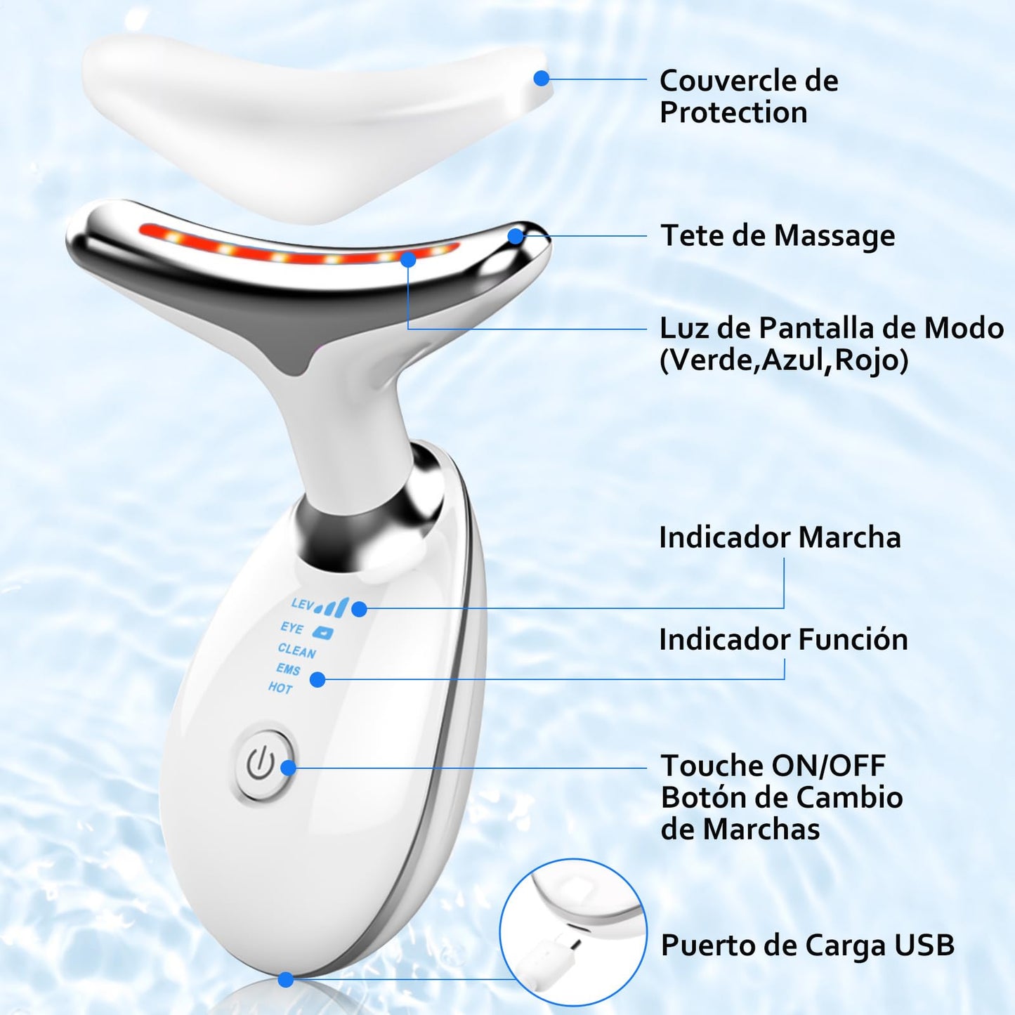 Masajeador Facial Cuello, Antiarrugas Masajeador de Belleza con 3 Modos, Máquina Belleza Facial Electrico con Luz LED, Masajeador de Cuello Portátil, Antienvejecimiento, Limpieza Profunda Piel