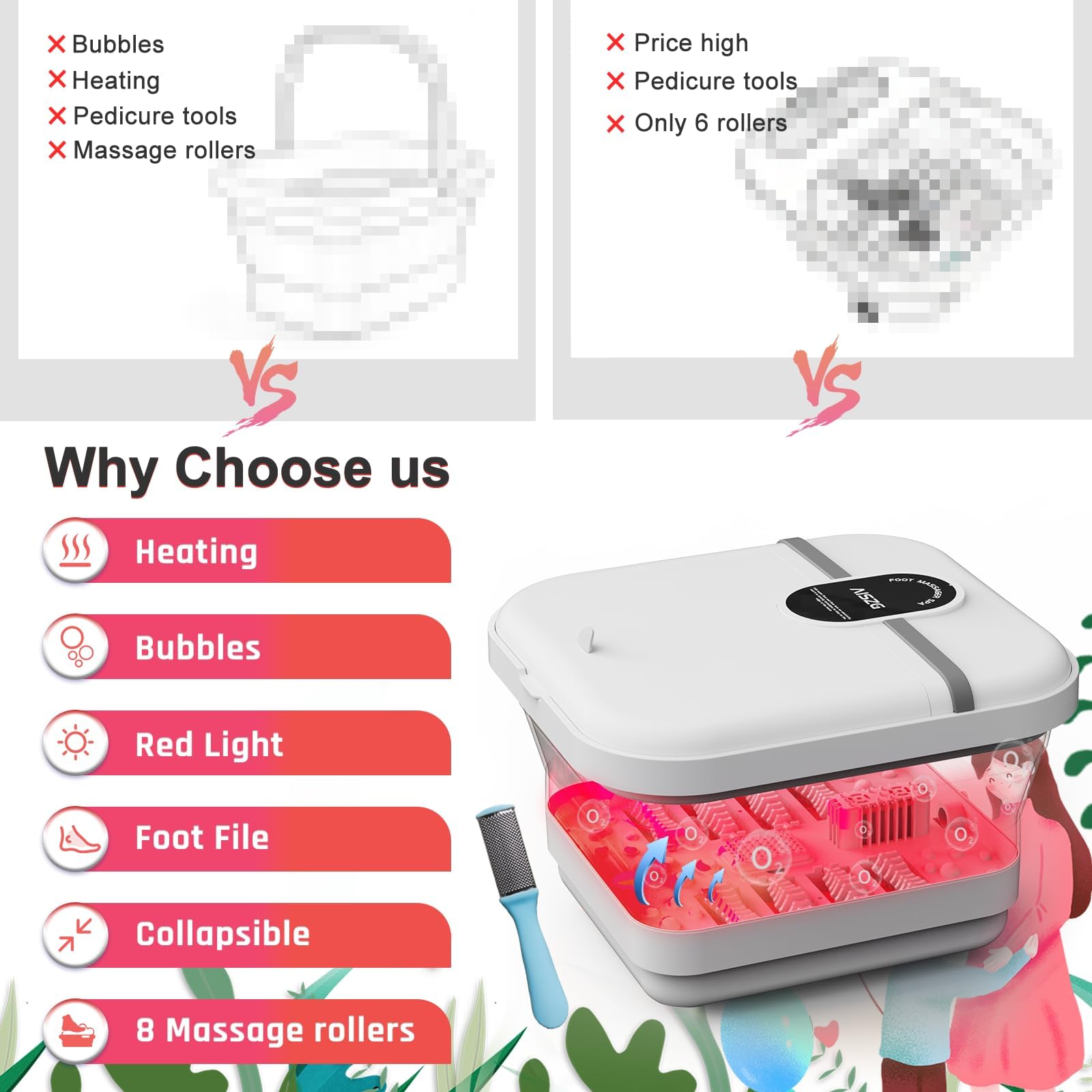 GILLAS Tina de Hidromasaje para Pies, Pedicure Spa para Pies, Control de Temperatura Electrica, Tina Pedicure con Pantalla Táctil Control de Temperatura de 45℃ Calor y Rodillo de Masaje