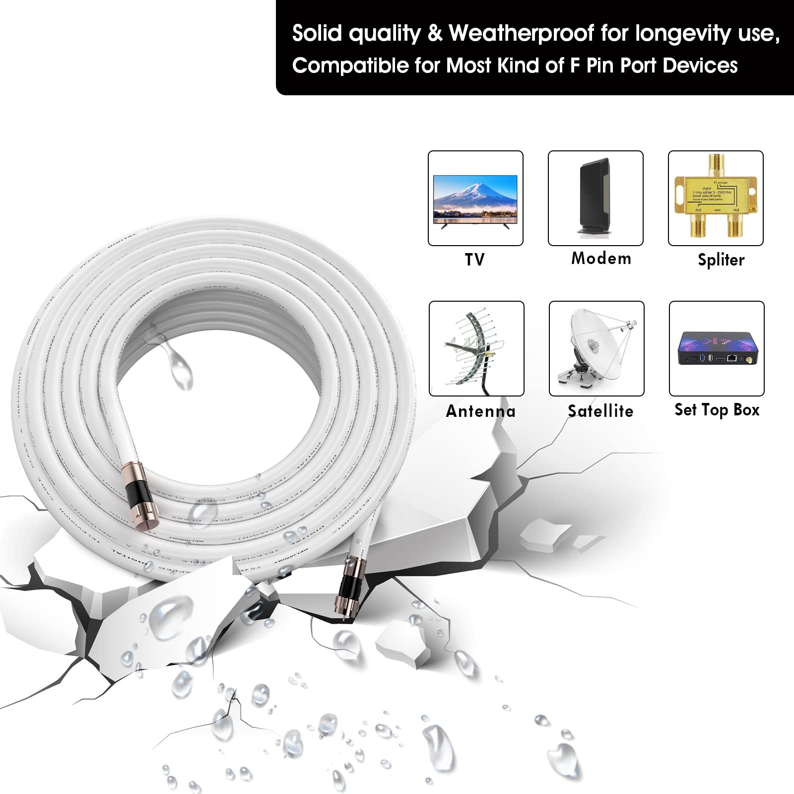 RELIAGINT RG6 cable coaxial con conector F, adaptador de extensión de conector F81, cable coaxial de alta velocidad de baja pérdida, extensión de cable para HD-TV, Dish, Satélite, Antena, 15,2 m