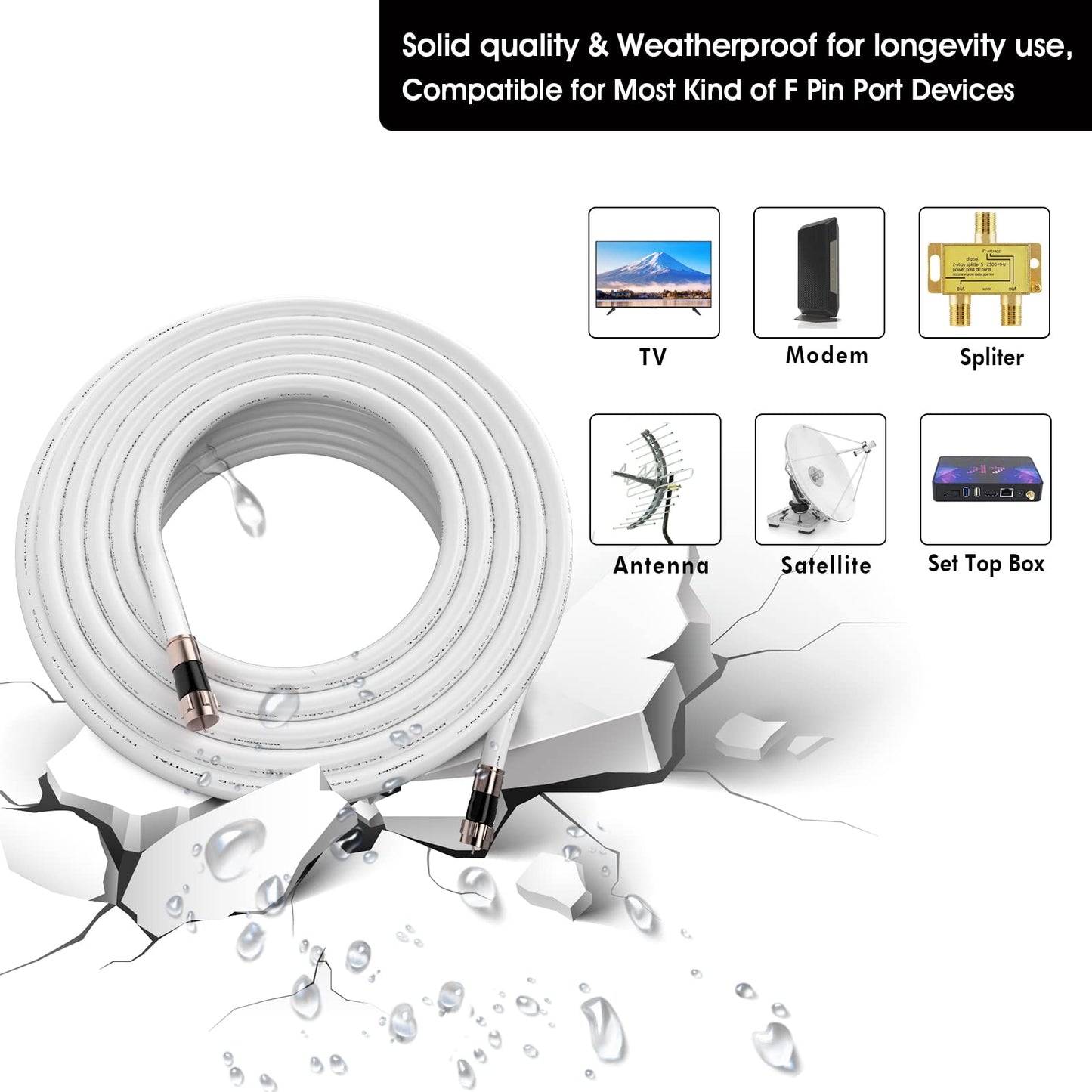 RELIAGINT - Cable coaxial RG6 de 100 pies, color blanco, cable coaxial de 75 ohmios con conector F y acoplador doble hembra F81, cable de extensión de antena de TV de baja pérdida y alta velocidad