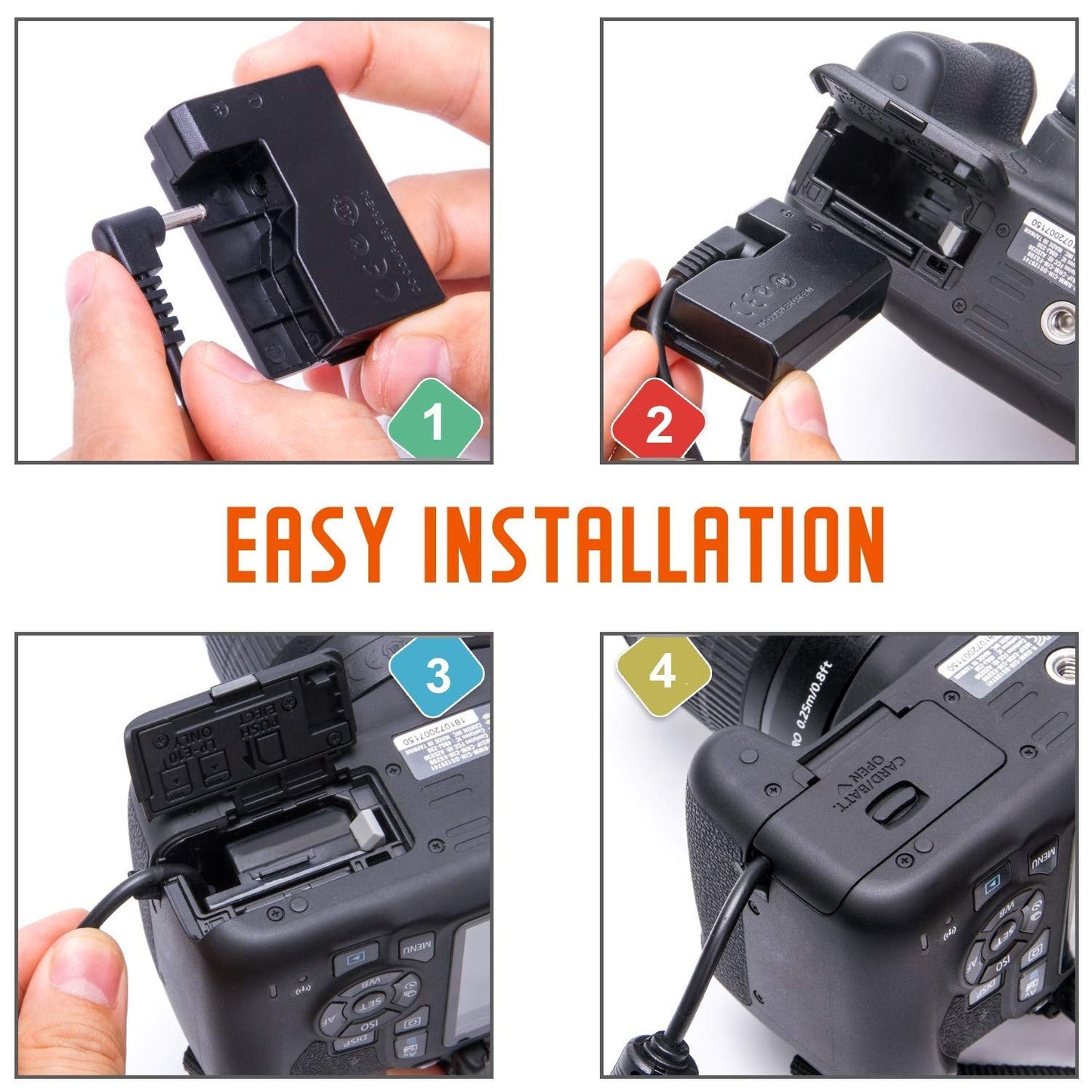 Kimaru DR-E10 de ACK-E10 LP-E10 de Acoplamiento de CC batería ficticia Kit de Adaptador de CA para Canon EOS Rebel T3 T5 T6 T7 1100D 1200D 1300D 1500D 2000D, Beso X50 X70 X80 X90 cámaras.