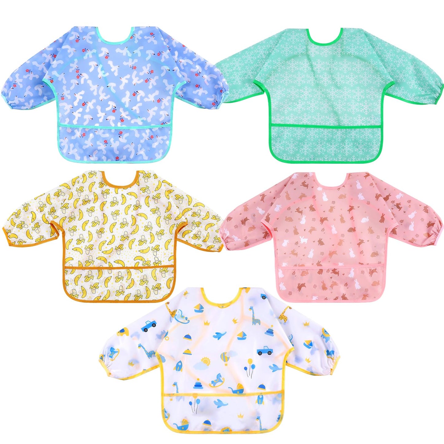 Lictin Unisexos Baberos, Baberos para Bebe, Baberos Bebe Niño Impermeable, Baberos Bebes con Mangas, Larga Impermeables con Escote Ajustable para Niños Niñas de 0-24 Meses (5 Piezas)