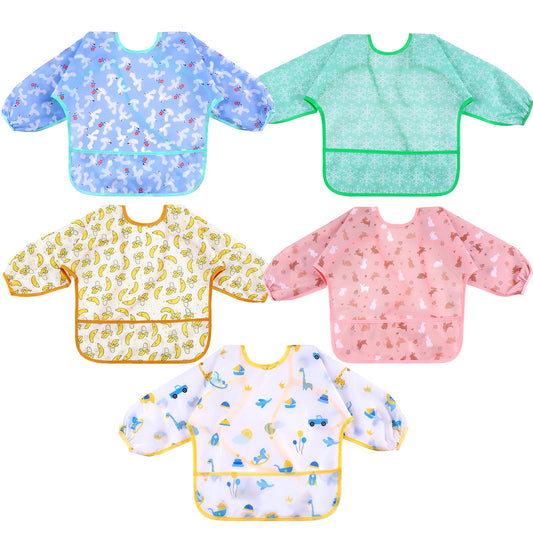Lictin Unisexos Baberos, Baberos para Bebe, Baberos Bebe Niño Impermeable, Baberos Bebes con Mangas, Larga Impermeables con Escote Ajustable para Niños Niñas de 0-24 Meses (5 Piezas)