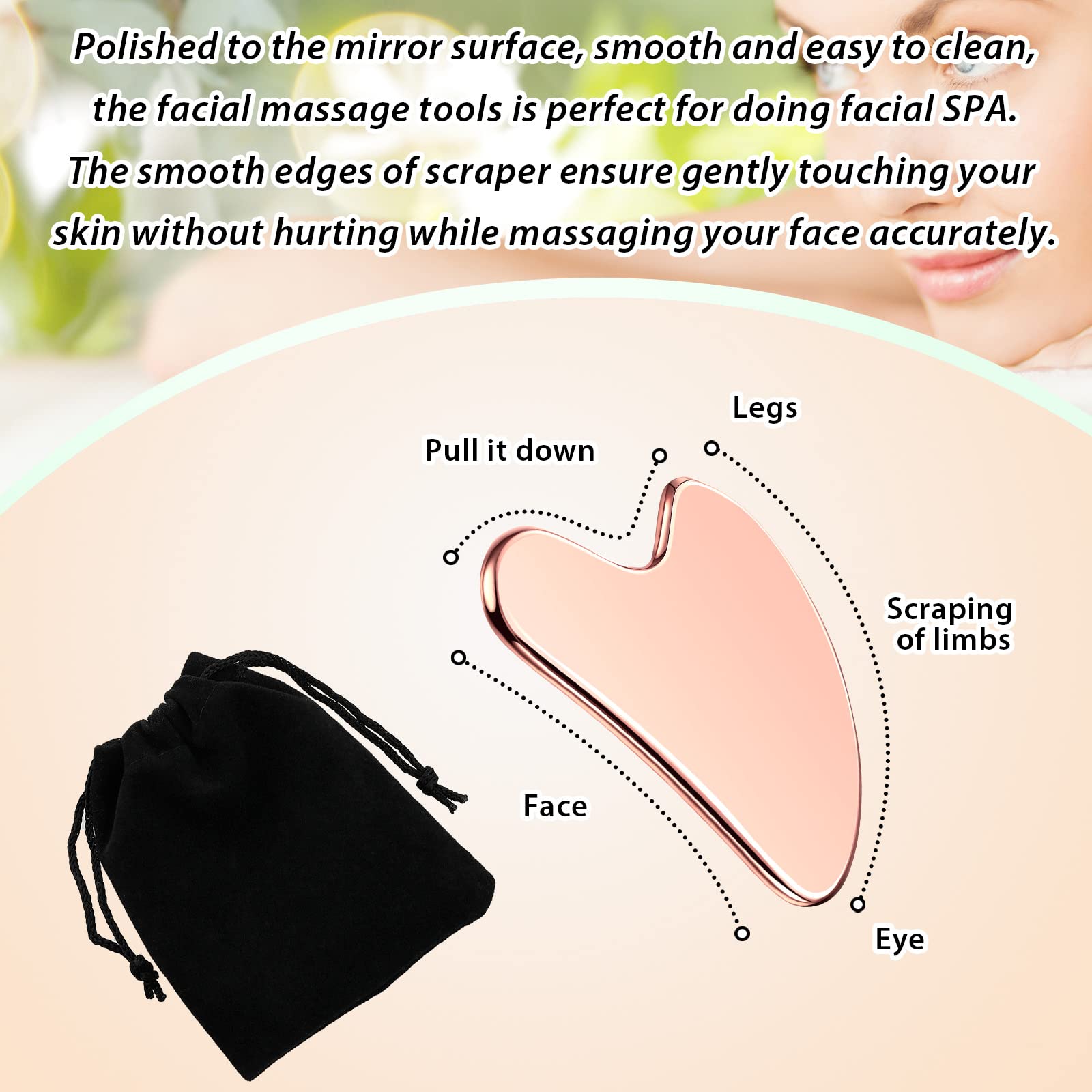 Herramienta Gua Sha de acero inoxidable para el cuidado de la piel, herramienta de masaje de belleza para el cuerpo y los ojos y el cuello con bolsa de viaje (oro rosa)