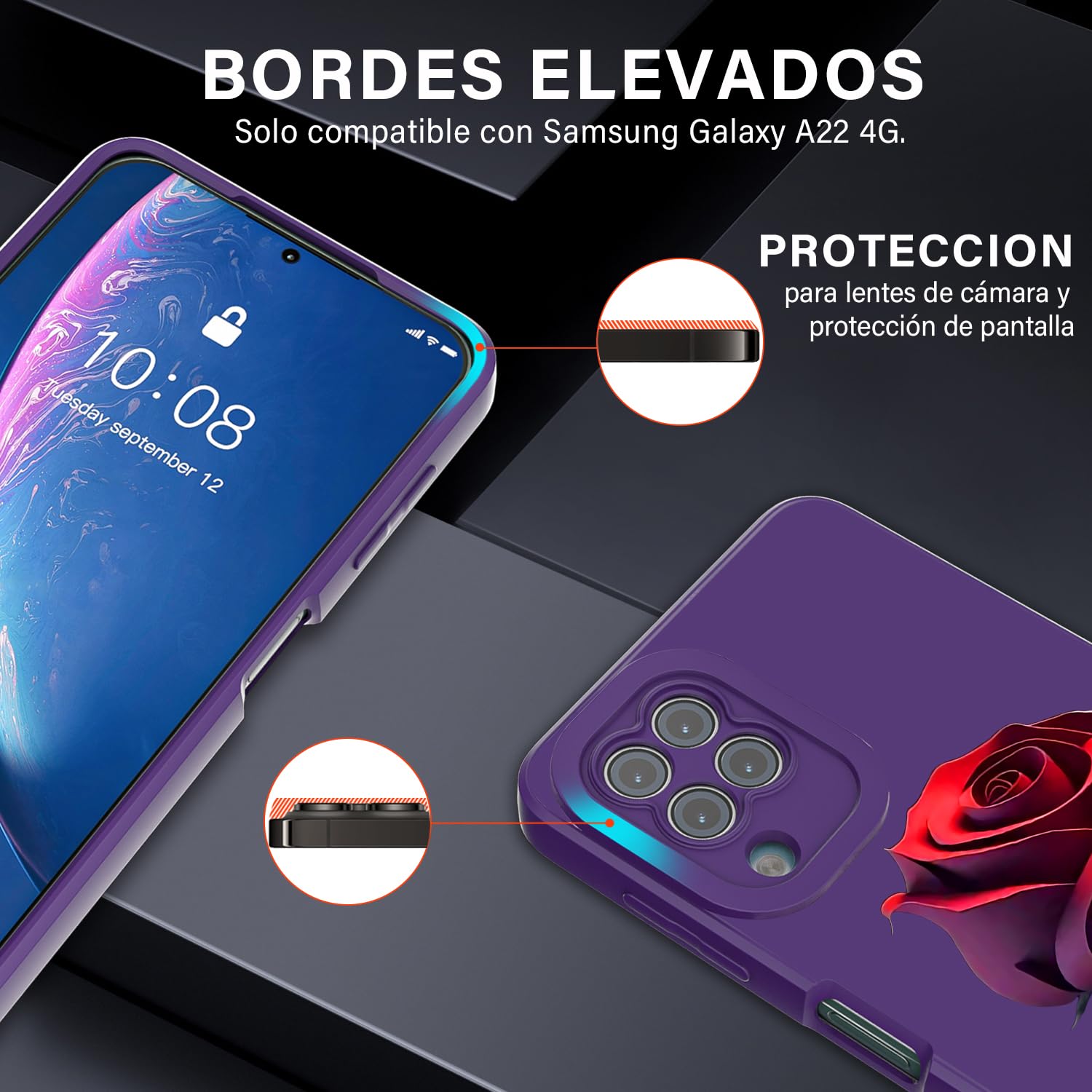 Threehao Funda para Samsung Galaxy A22 4G Case Uso Rudo, Ultra Delgado Flexible Silicona Púrpura Carcasa con Aesthetic Dibujos Flores, Antigolpes Anti-arañazos Protectora