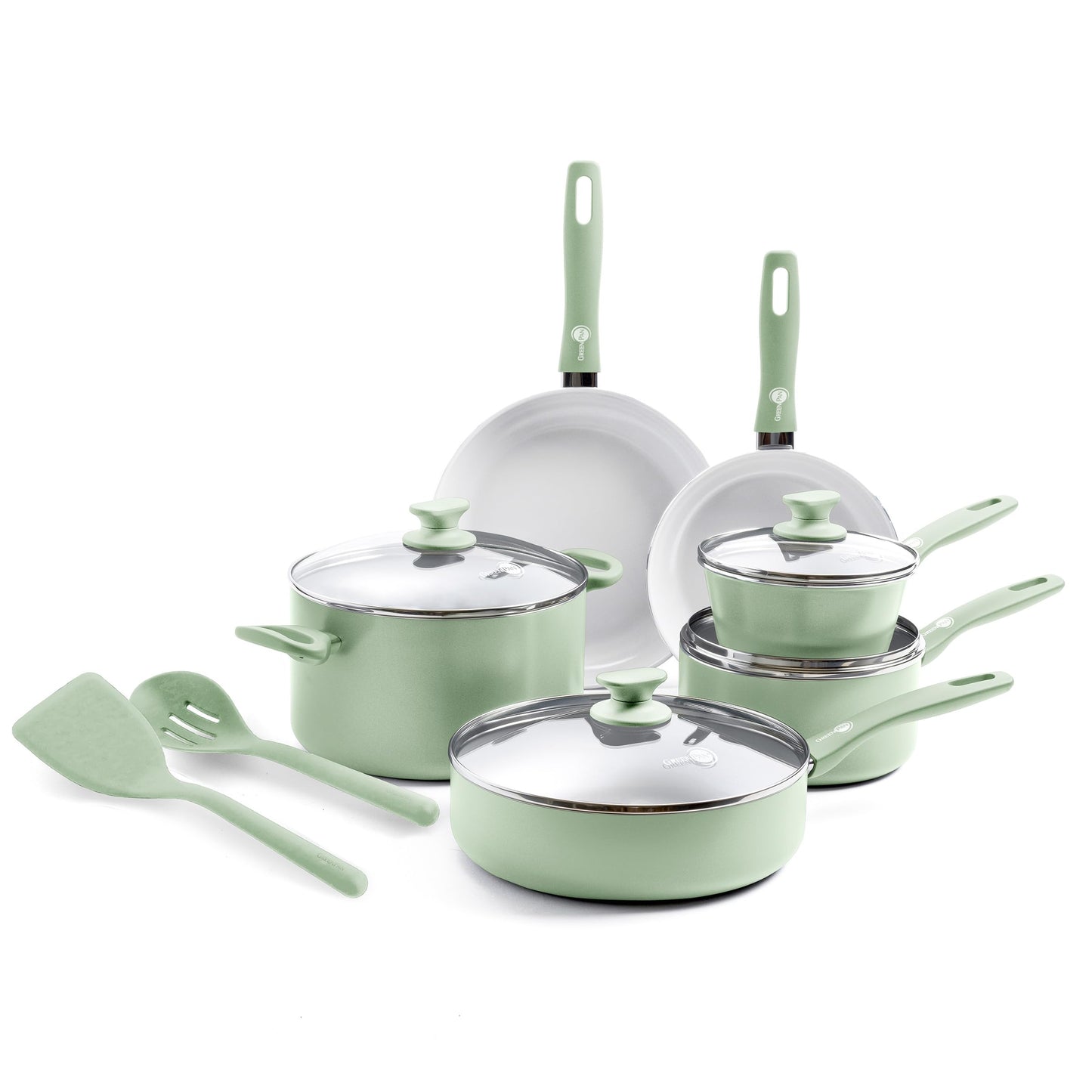 GreenPan Dover Healthy Ceramic antiadherente, juego de 12 ollas y sartenes de cocina, sin PFAS, apto para lavaplatos, mango cómodo, verde pastel