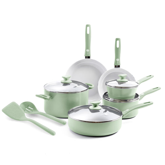GreenPan Dover Healthy Ceramic antiadherente, juego de 12 ollas y sartenes de cocina, sin PFAS, apto para lavaplatos, mango cómodo, verde pastel