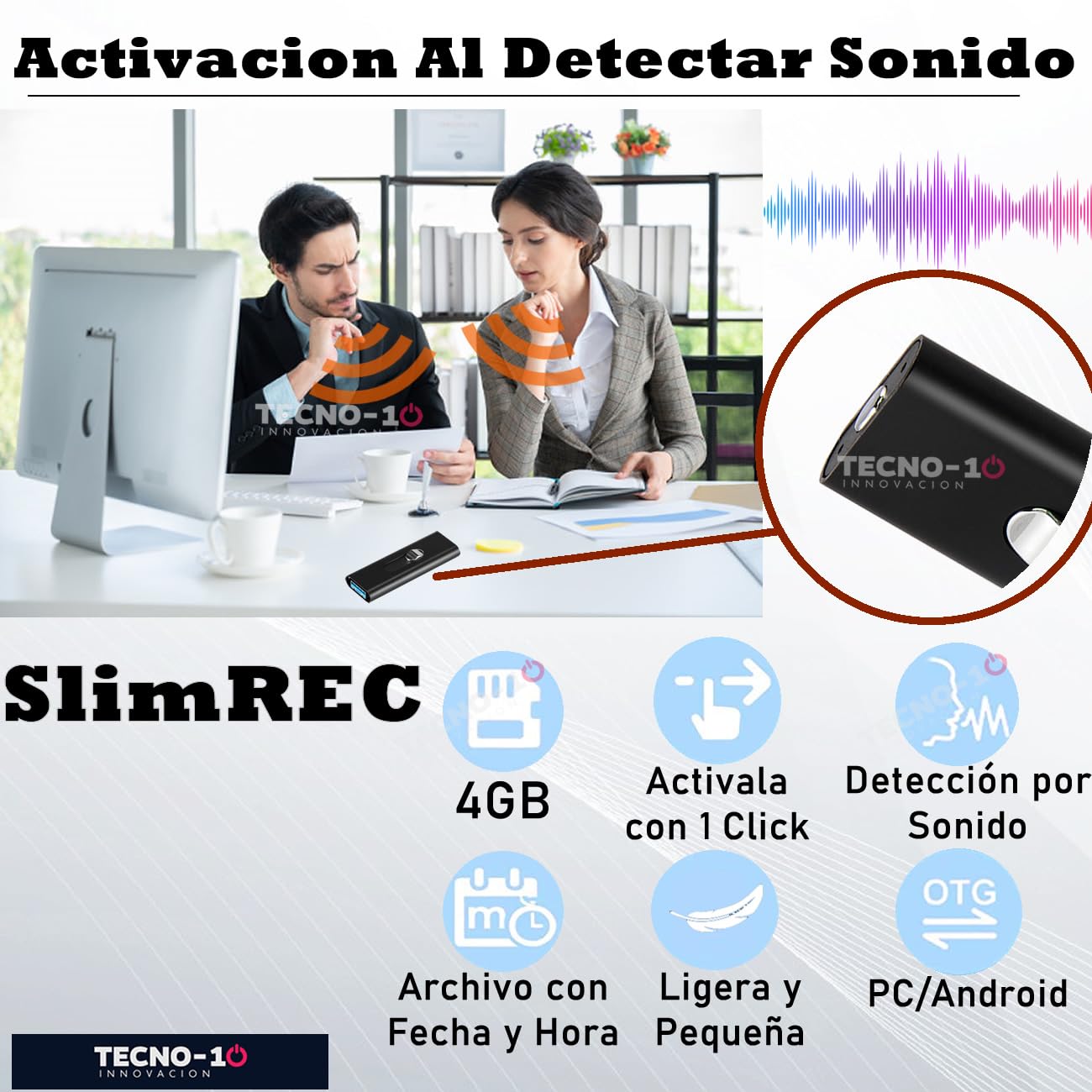 Tecno-10 Mini Grabadora de Voz activada por Sonido, Microfono Flash USB Delgada, 15 Horas de bateria, 94 Horas de Grabacion, 512 Kbps Calidad de Audio (4GB)