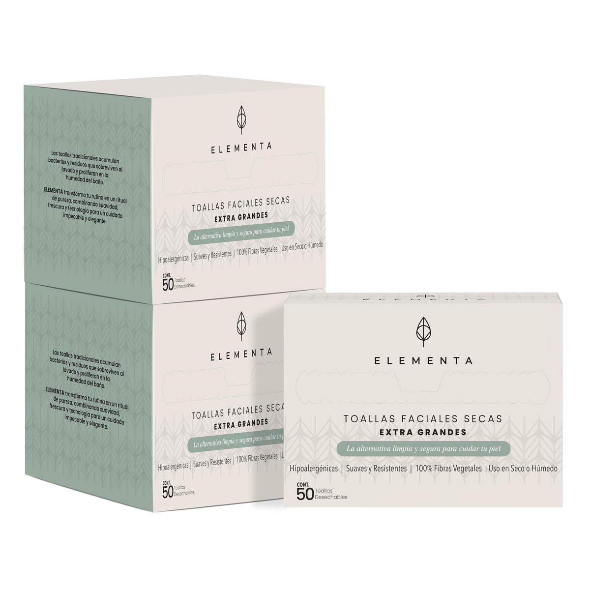 Elementa Toallas Faciales Secas Desechables Extra Grandes (Rostro Limpio y Sin Bacterias), Hipoalergénicas, 100% Biodegradables | Toallitas Desmaquillantes, Skin Care | 3 Paquetes con 50 Toallitas c/u