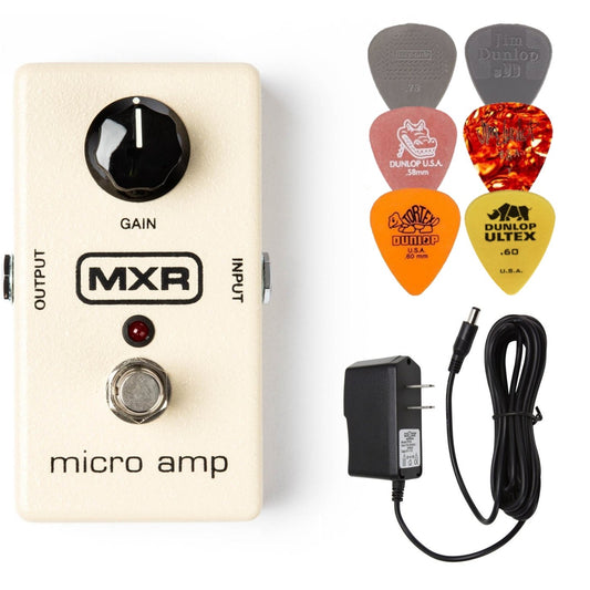 Pedal de Efectos MXR Booster M133 Blanco con Fuente de Alimentación y Púas Dunlop para Guitarra