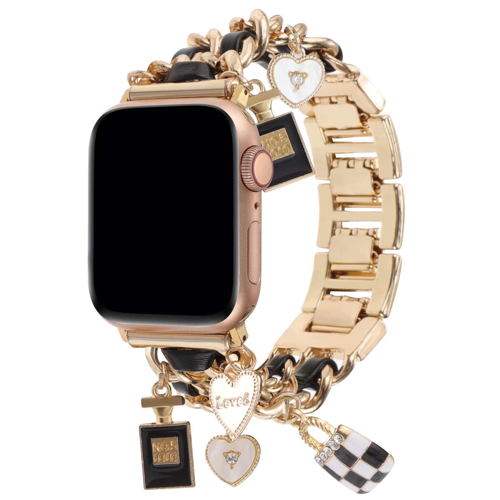 Pulsera REALSIGN dorada/negra con dijes de metal para iWatch Series 9-1 SE (42/44/45mm)