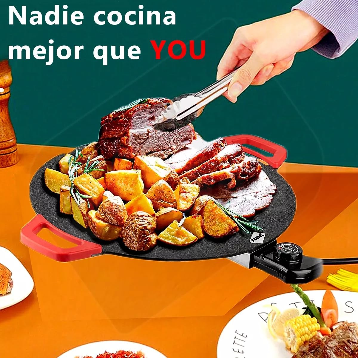 Sartén Eléctrico Antiadherente Comal Parrilla Barbacoa Termostato negro
