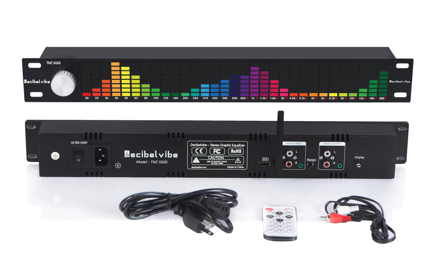 Decibelvibe TNZ SGE6 - Ecualizador Gráfico de Audio con Entrada y Salida RCA Trasera + Auxiliar de 3.5, Micrófono Integrado y USB, Preamplificador para Audio en Casa, Profesional, Automóvil, HiFi