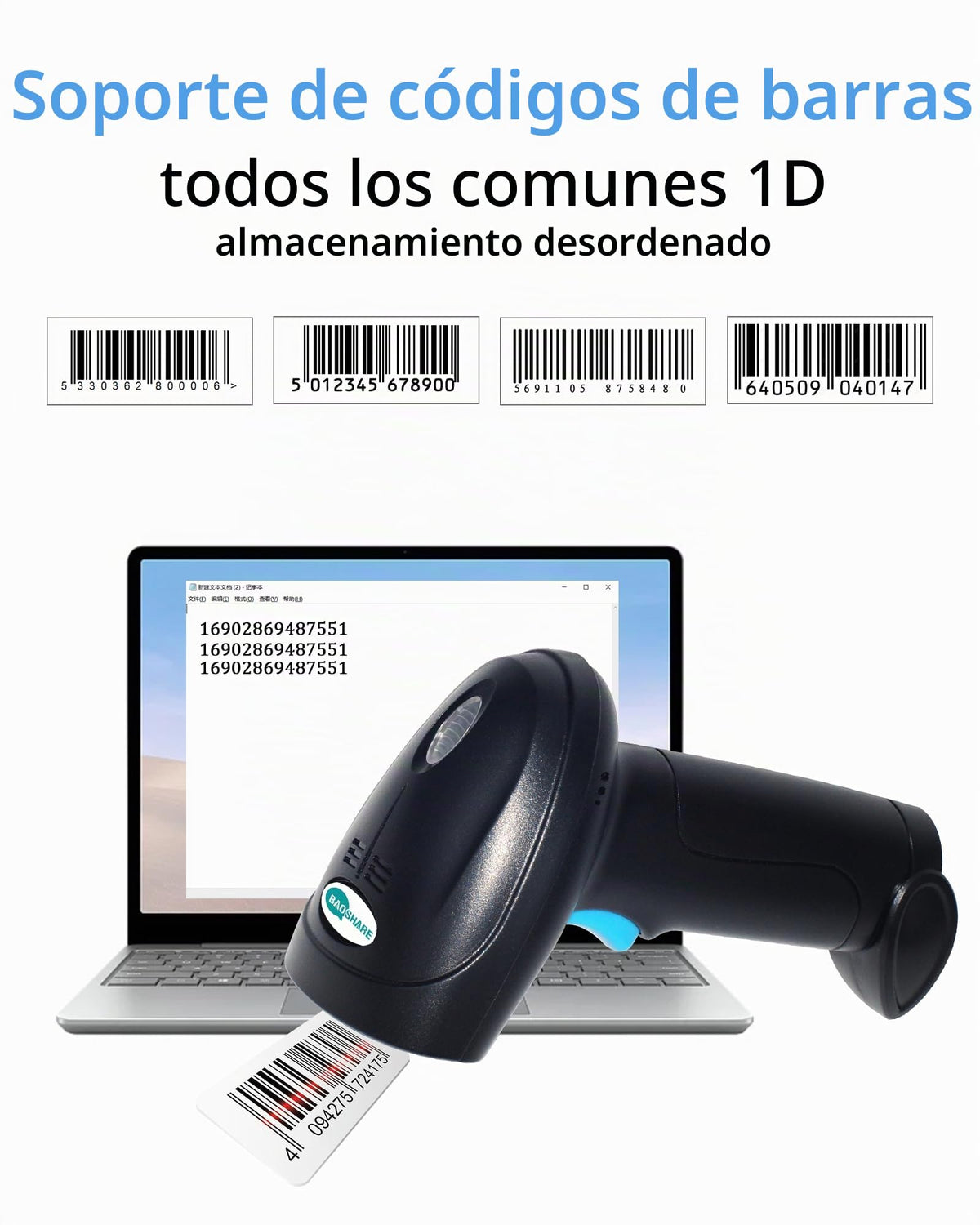 Escáner de Código de Barras BAOSHARE Inalámbrico USB 1D 2.4 GHz
