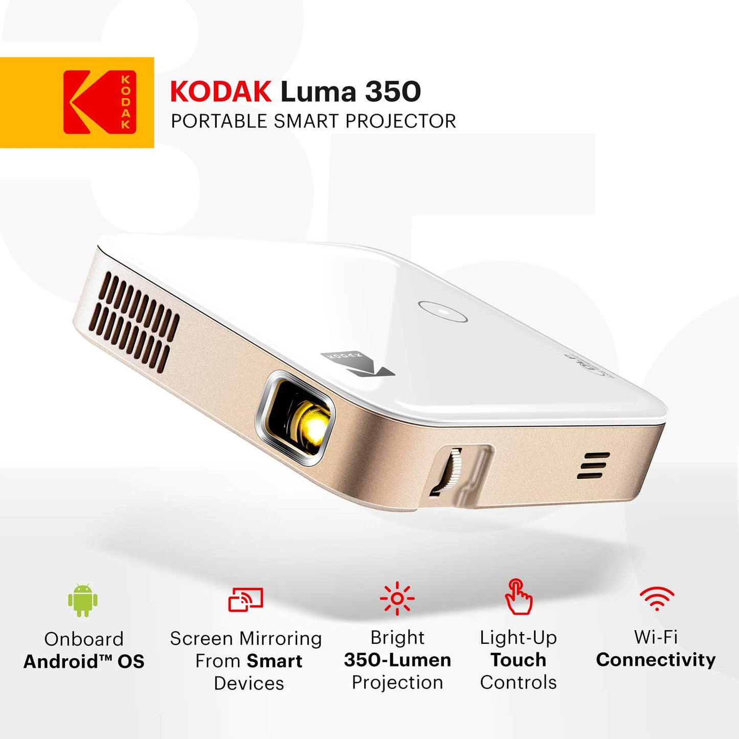 KODAK Luma 350 Proyector inteligente portátil | Potente proyector de video recargable Ultra HD Android 6.0 - Incluye funda suave