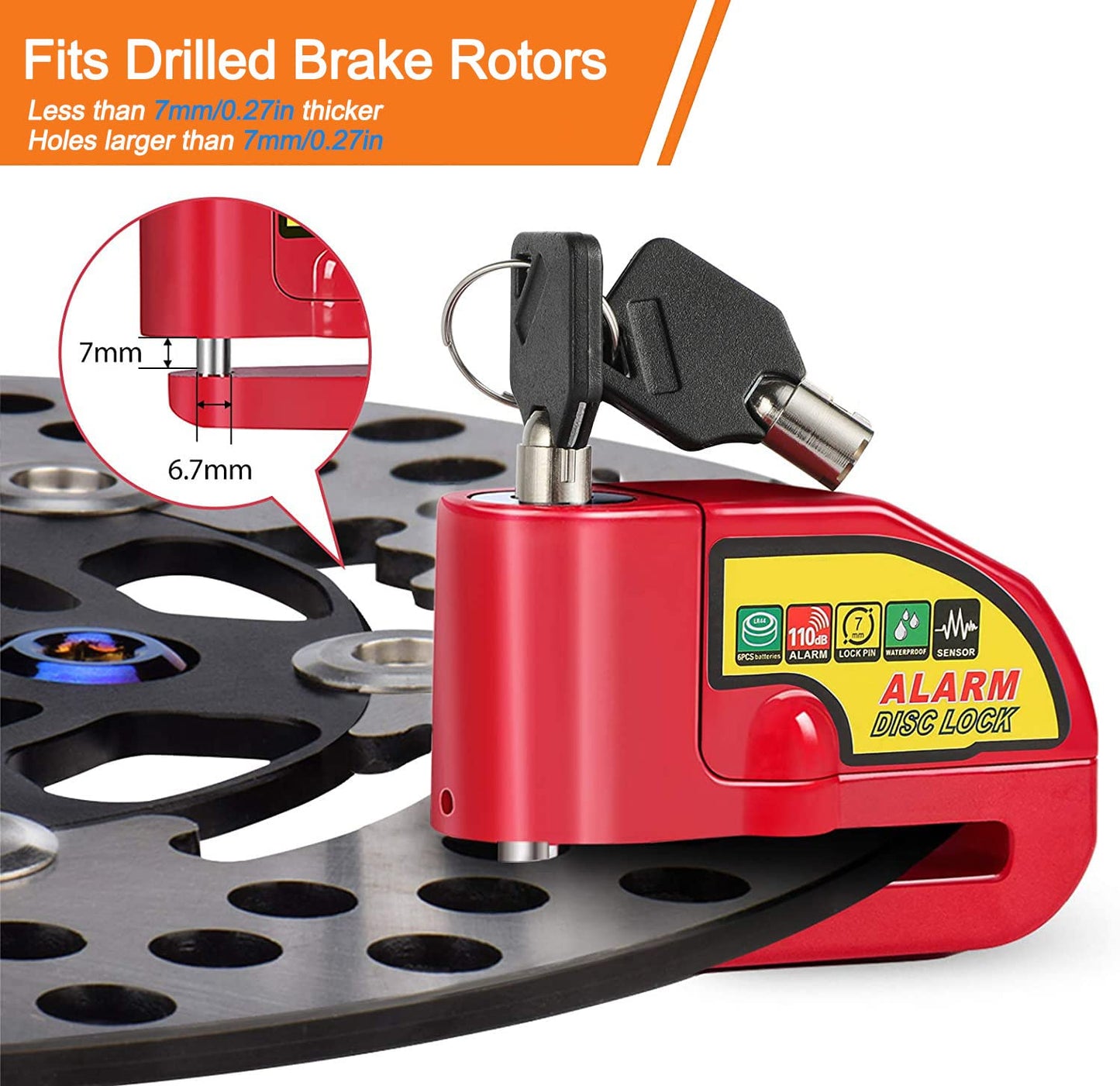 Alarma de Freno de Disco Impermeable de Seguridad para Motocicleta Scooter Rojo con Sonido de 110dB y Cable de Alerta de 4,3 Pies