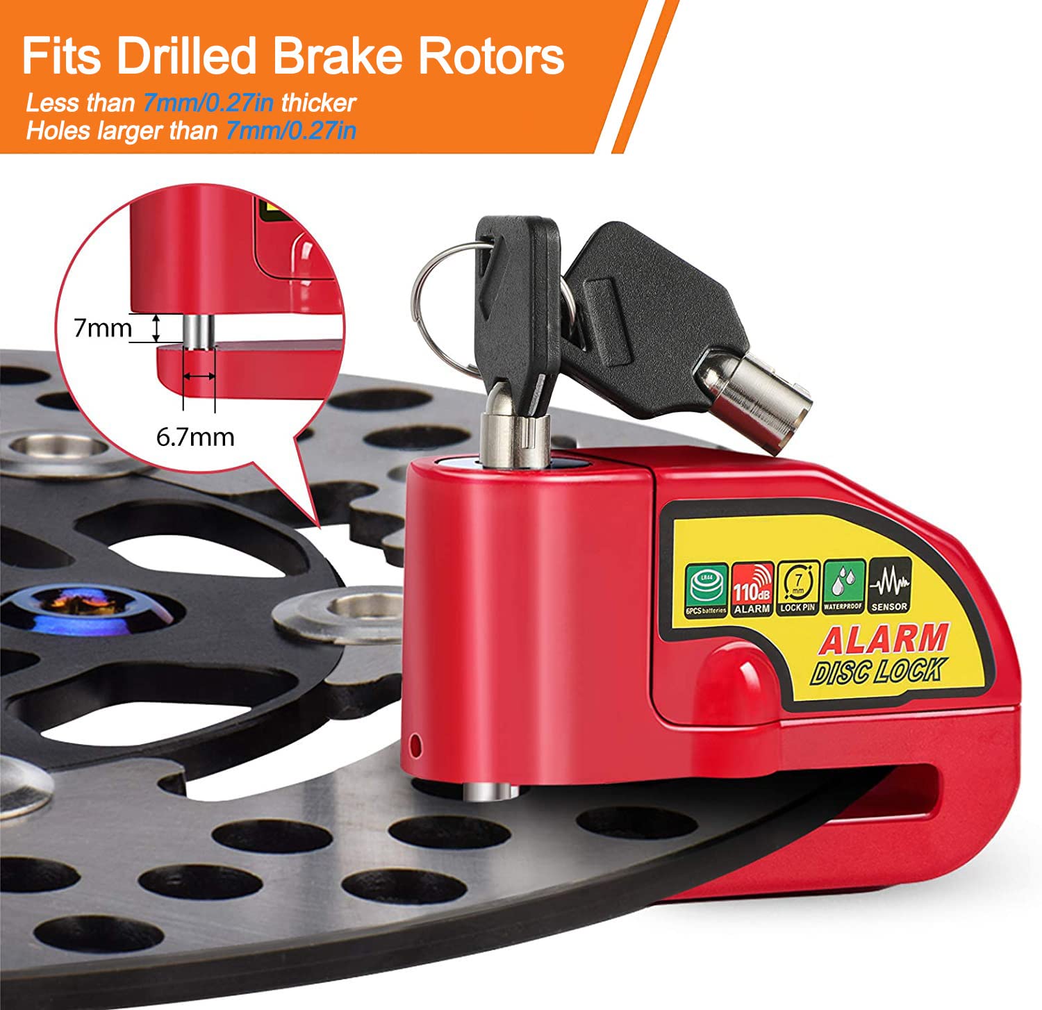 Alarma de Freno de Disco Impermeable de Seguridad para Motocicleta Scooter Rojo con Sonido de 110dB y Cable de Alerta de 4,3 Pies