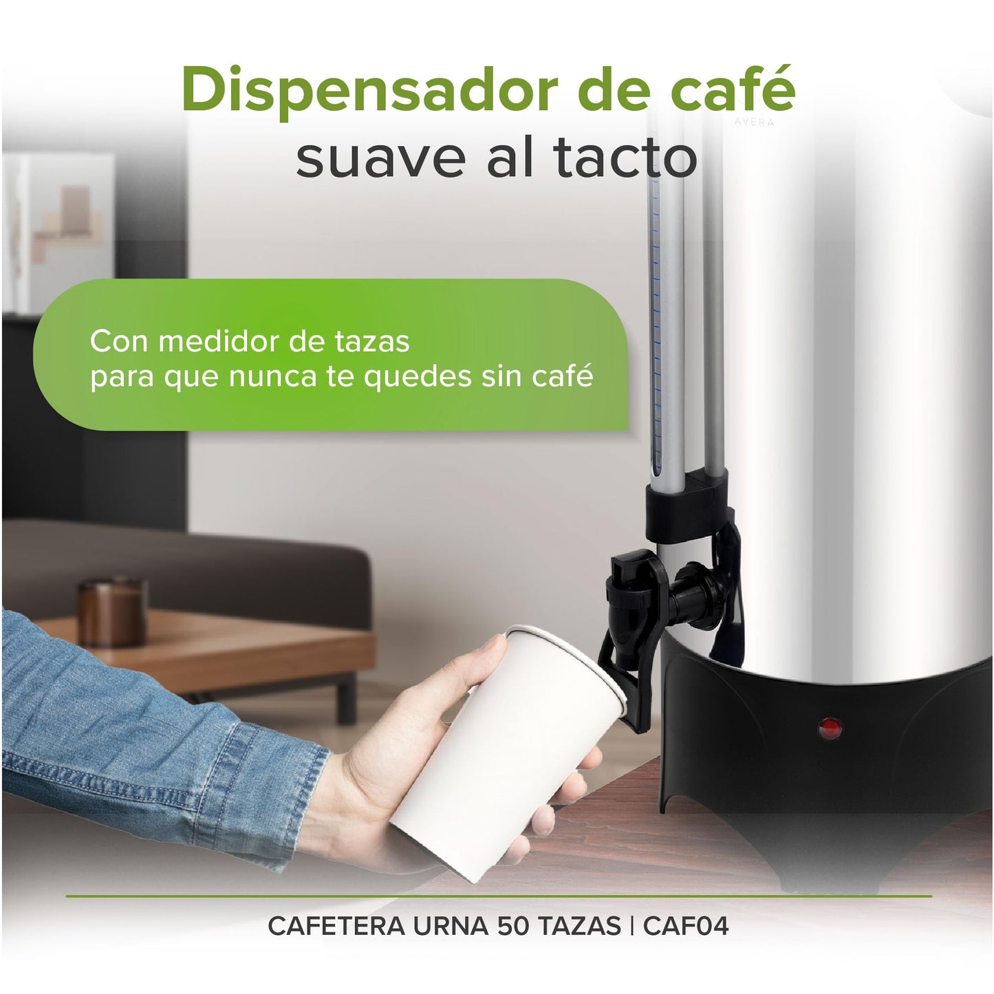 AVERA | Cafetera Urna de Acero Inoxidable para 50 Tazas | Indicador de Nivel de Agua | Luz Indicadora de Funcionamiento | Tapa con Bloqueo de Seguridad | CAF04
