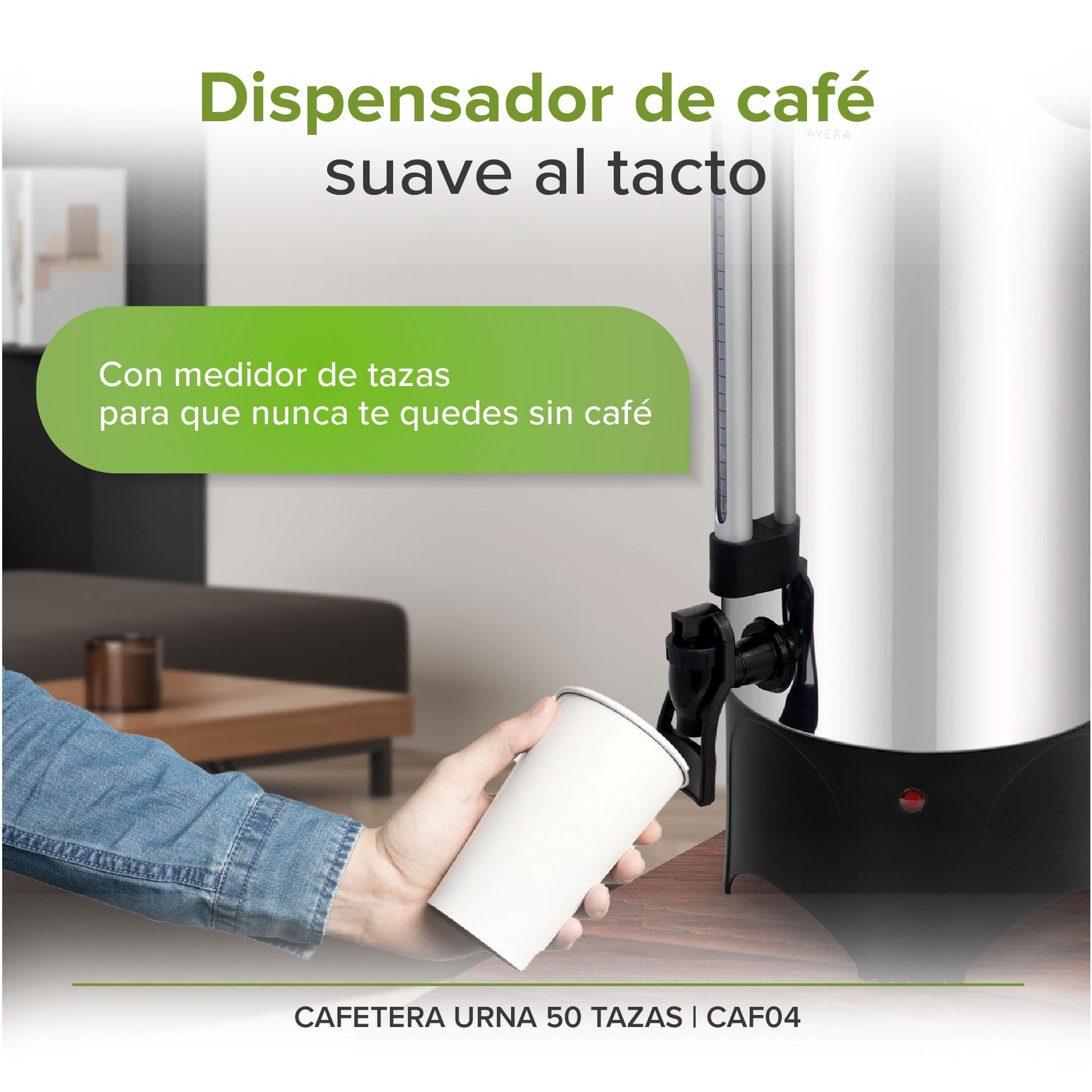 AVERA | Cafetera Urna de Acero Inoxidable para 50 Tazas | Indicador de Nivel de Agua | Luz Indicadora de Funcionamiento | Tapa con Bloqueo de Seguridad | CAF04