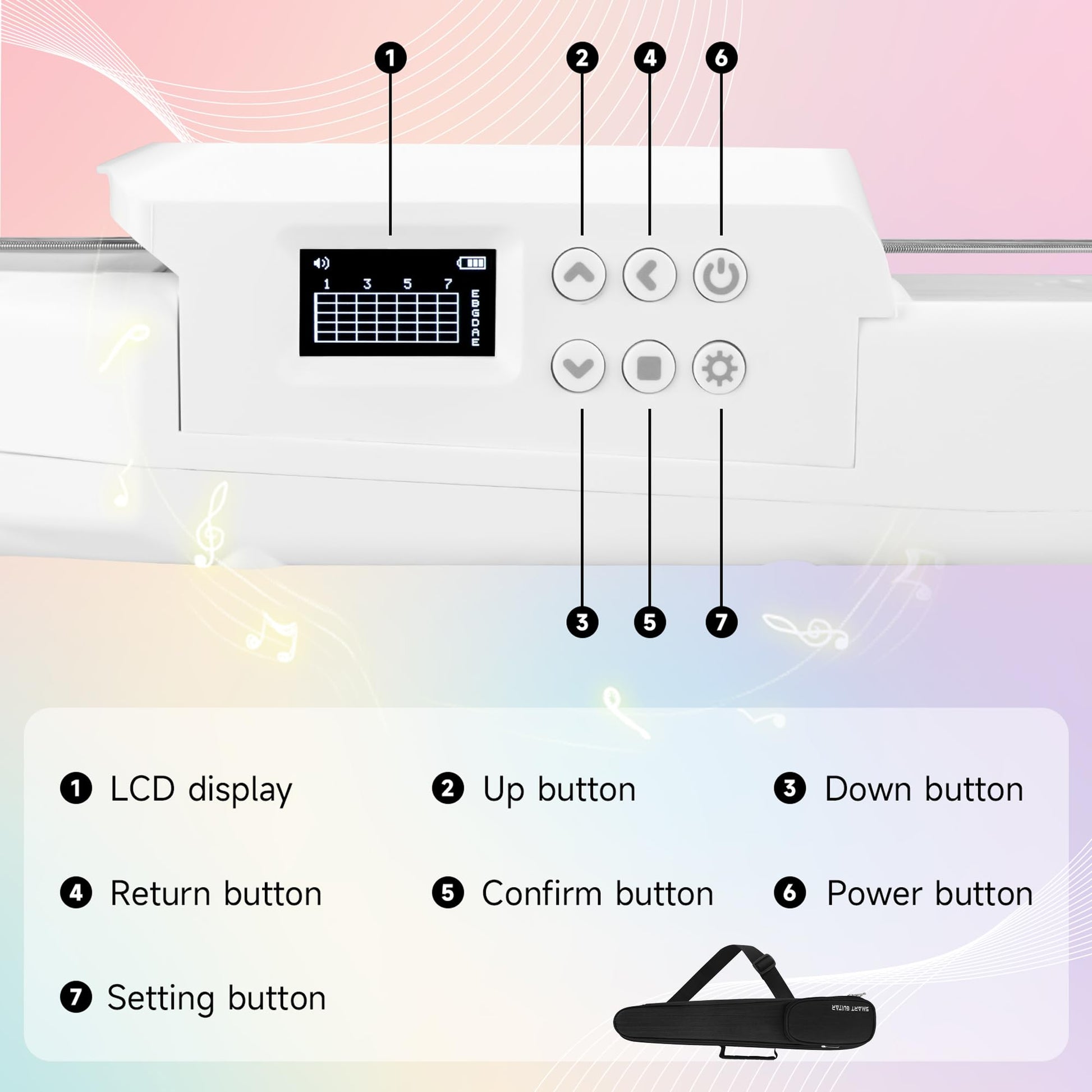 PEFEEL - Guitarra eléctrica acústica inteligente con carga USB, bolsillo para guitarra de viaje, guitarra de acorde portátil, cuello de guitarra para entrenador, principiante, AI LCD (blanco)