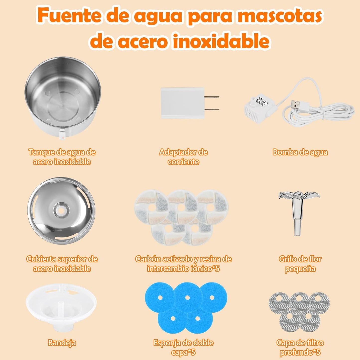 Fuente de agua para gato, Bebedero para gato de acero inoxidable 304, 5 filtros para fuente de gatos, bebedero para perro y gato para de 2L,Súper silenciosa,Mantén limpia el agua potable de tu mascota