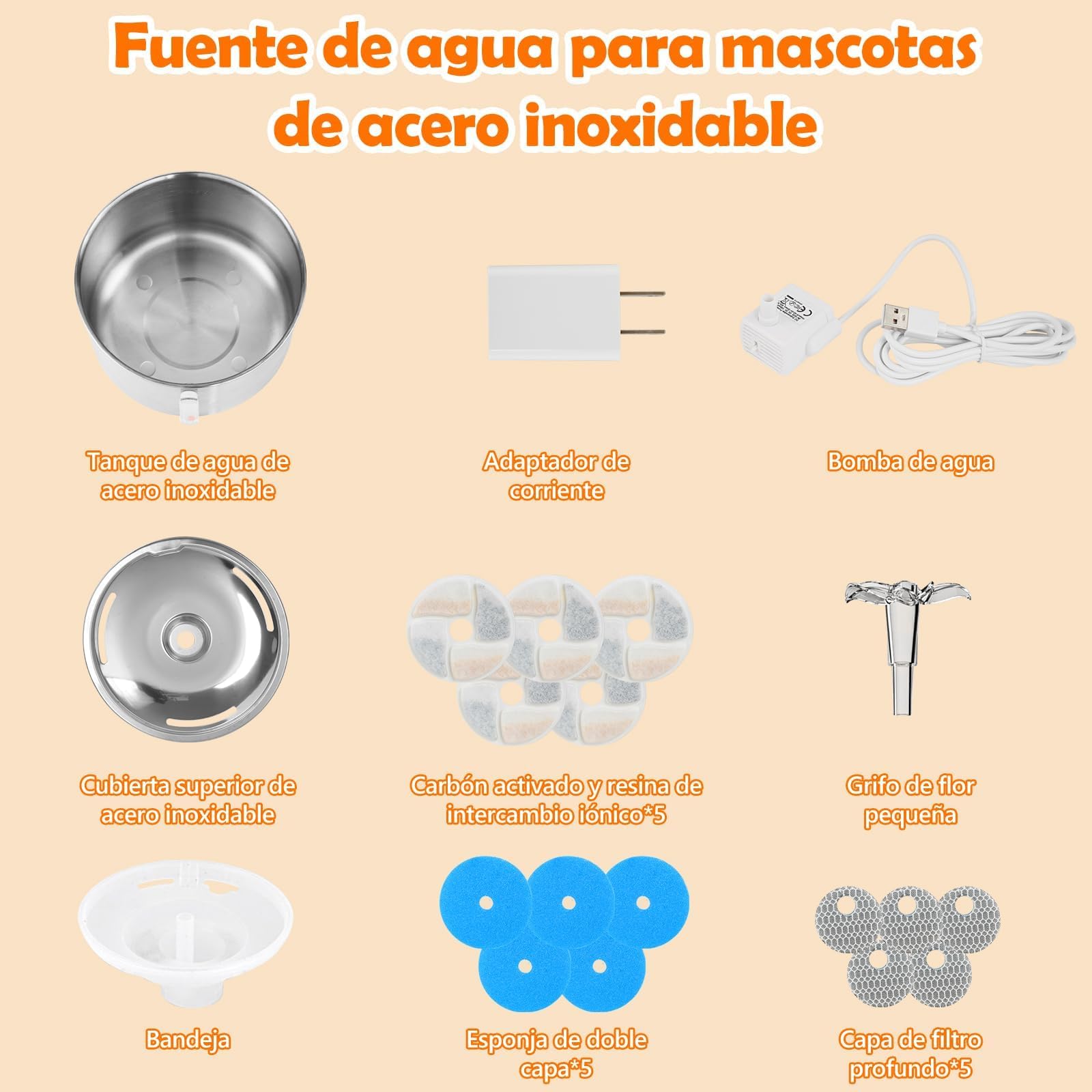 Fuente de agua para gato, Bebedero para gato de acero inoxidable 304, 5 filtros para fuente de gatos, bebedero para perro y gato para de 2L,Súper silenciosa,Mantén limpia el agua potable de tu mascota