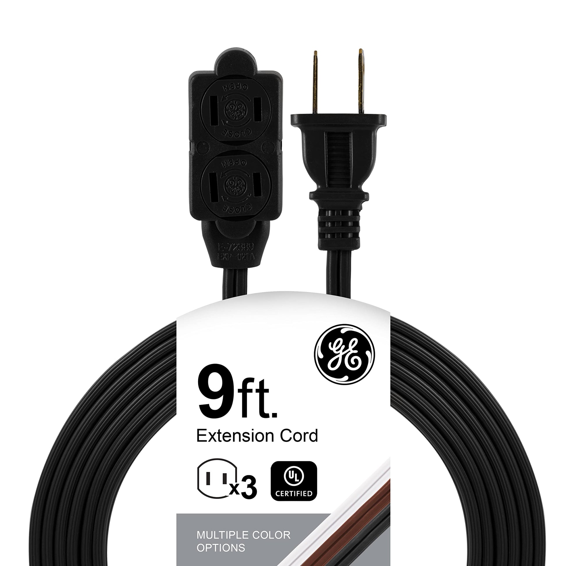 GE Regleta de enchufes de 3 Salidas, Cable de 9 pies, 2 Clavijas, Calibre 16, Cubiertas de Seguridad con Cierre Giratorio, perfectas para el hogar o la Cocina, listada en UL, Negro, 45149