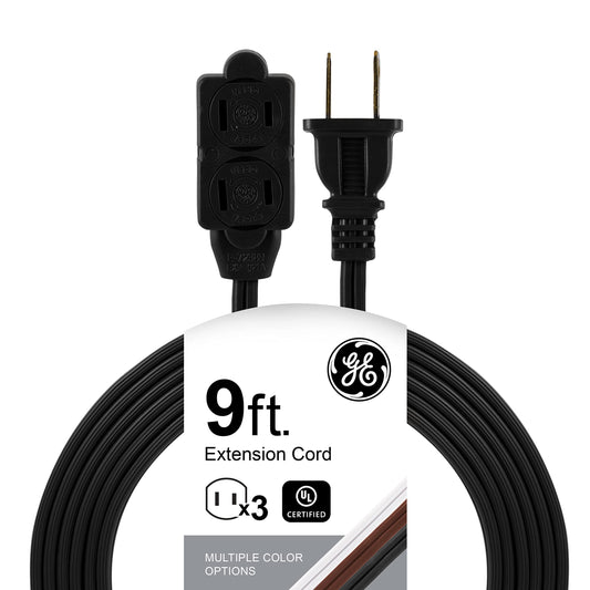 GE Regleta de enchufes de 3 Salidas, Cable de 9 pies, 2 Clavijas, Calibre 16, Cubiertas de Seguridad con Cierre Giratorio, perfectas para el hogar o la Cocina, listada en UL, Negro, 45149