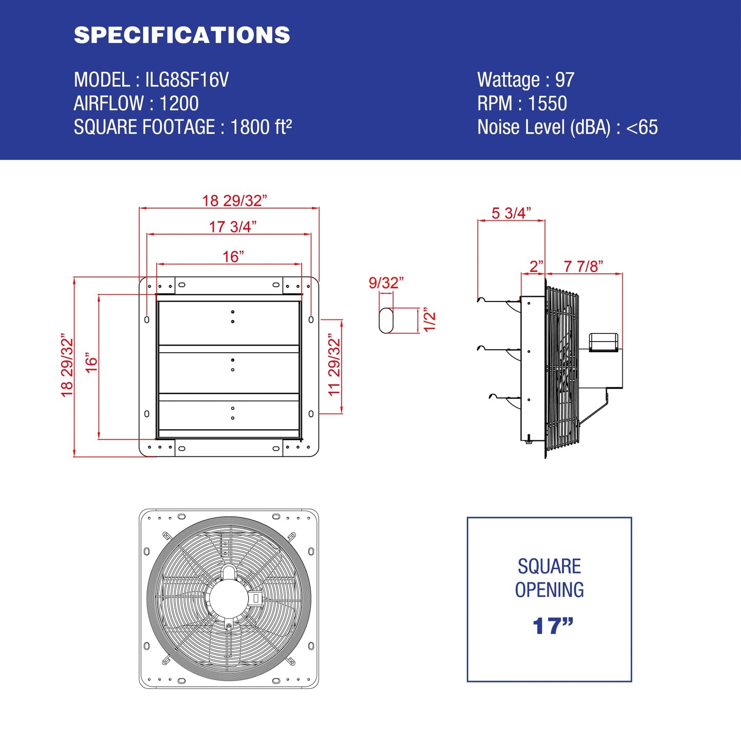 iLiving - Ventilador de escape montado en la pared de 16 pulgadas, obturador automático, velocidad variable, ventilador de ventilación para el hogar, el cobertizo o la ventilación del cochera, 1200 CFM, área de cobertura de 1800 m2 (cable de alimentación