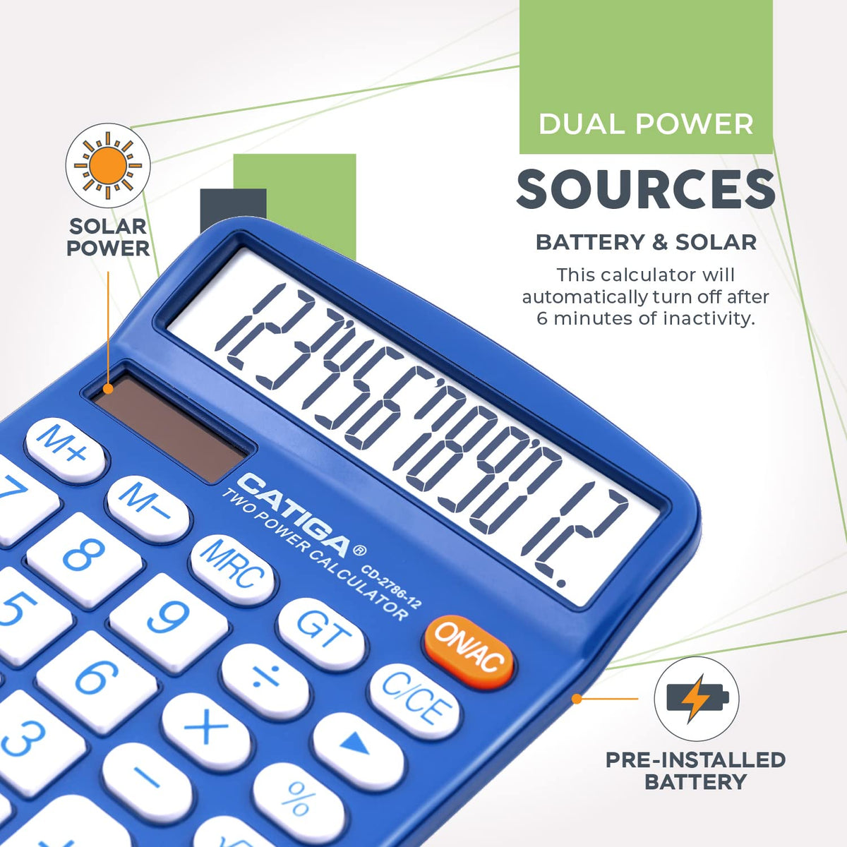 Calculadora CATIGA Negra LCD de 12 Dígitos con Energía Solar y Batería Dual para Oficina y Escuela
