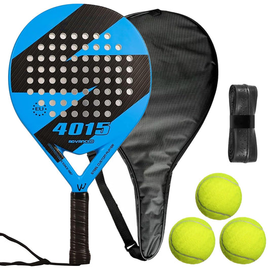 KUEIY Pala de pádel con Funda, con 3 Bolas y Grip, sándwich de Espuma EVA, Fabricada en Fibra de Carbono, Apta para Jugadores Principiantes e intermedios (Azul)