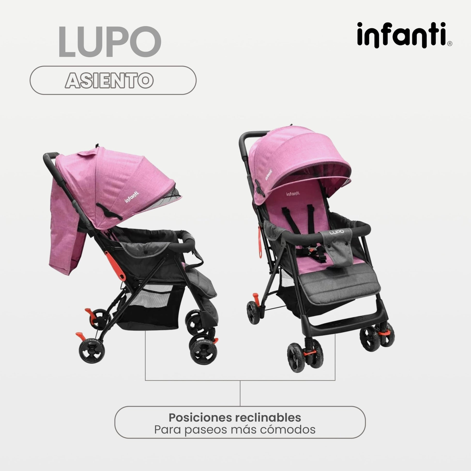 INFANTI | Carriola para Bebe Lupo Rosa | Carriola De Viaje para Bebé - Carreola con Arnés de 5 Puntos - Reclinación Ajustable | Toldo Completo con Visera - Barra de Seguridad y Ruedas con Seguro