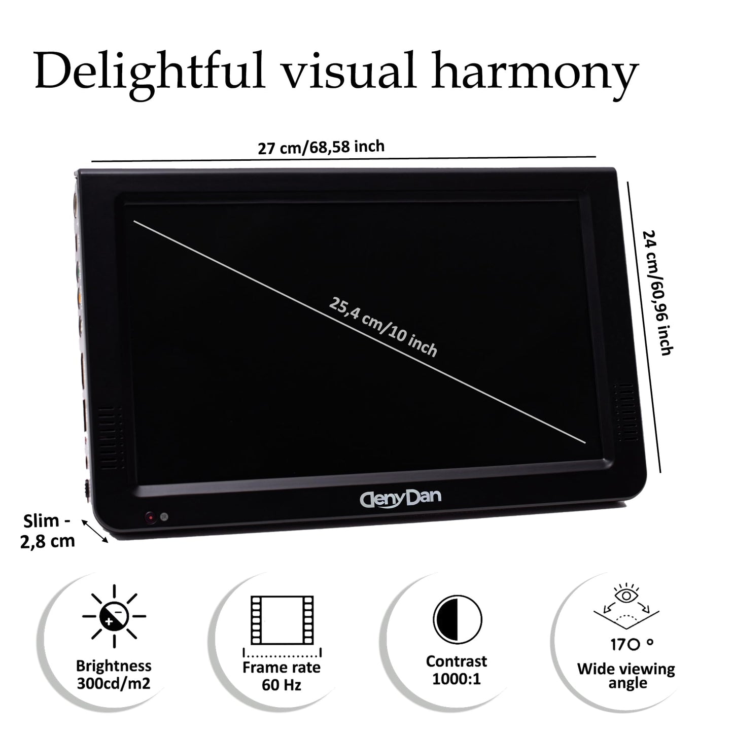 DenyDan Televisión portátil de 10" menús en español, Pantalla LED HD 720p, HDMI/USB/AV/SD, batería 4000 mAh hasta 8 h, 12V/24V/110V, Ideal para Auto, camión, RV y Camping