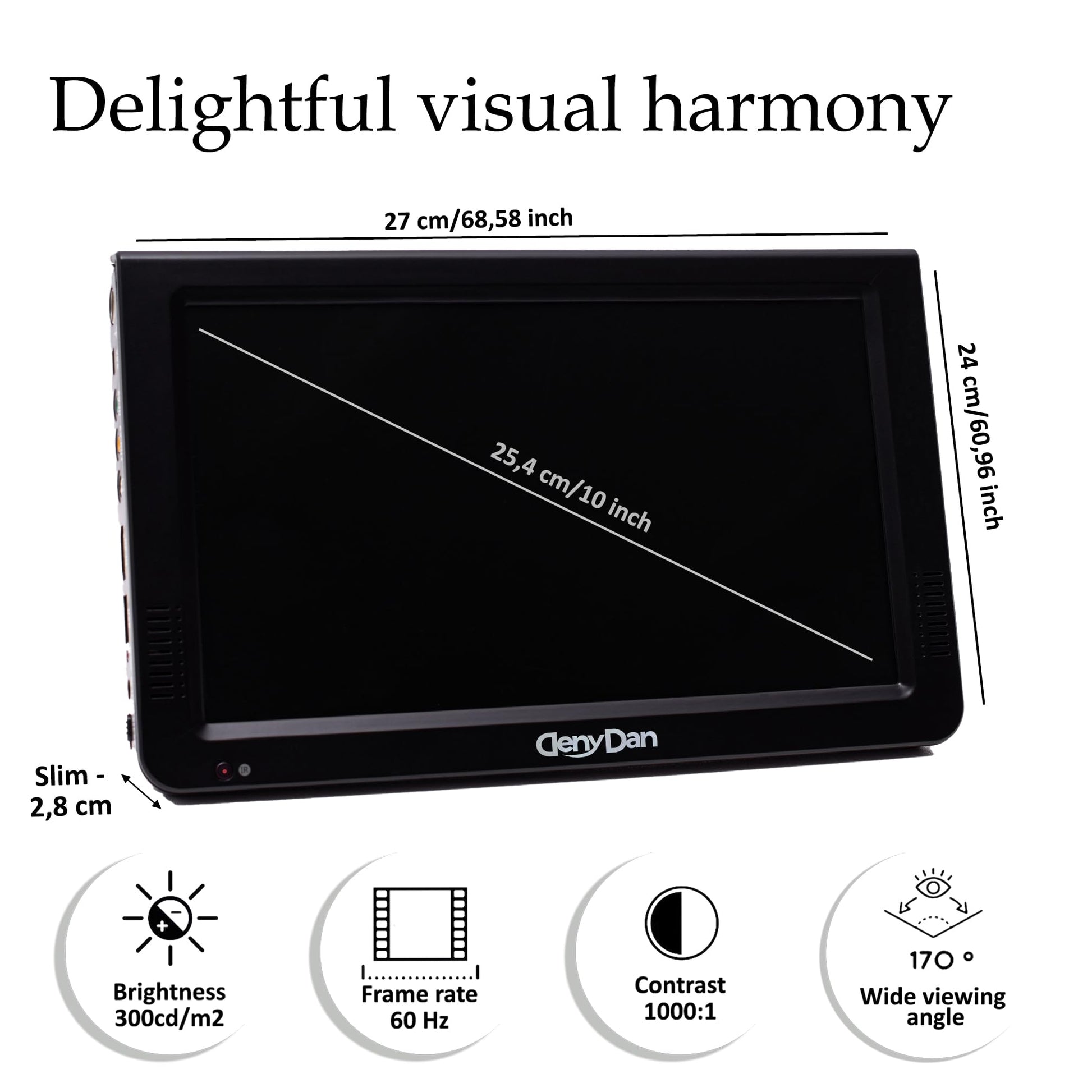 DenyDan Televisión portátil de 10" menús en español, Pantalla LED HD 720p, HDMI/USB/AV/SD, batería 4000 mAh hasta 8 h, 12V/24V/110V, Ideal para Auto, camión, RV y Camping